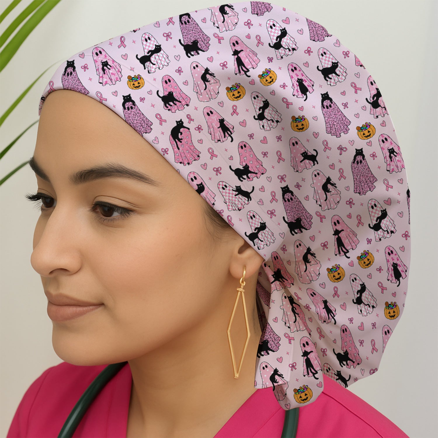 Breast Cancer Awareness Ghost Cat Scrub Cap, Surgical Caps for Doctors