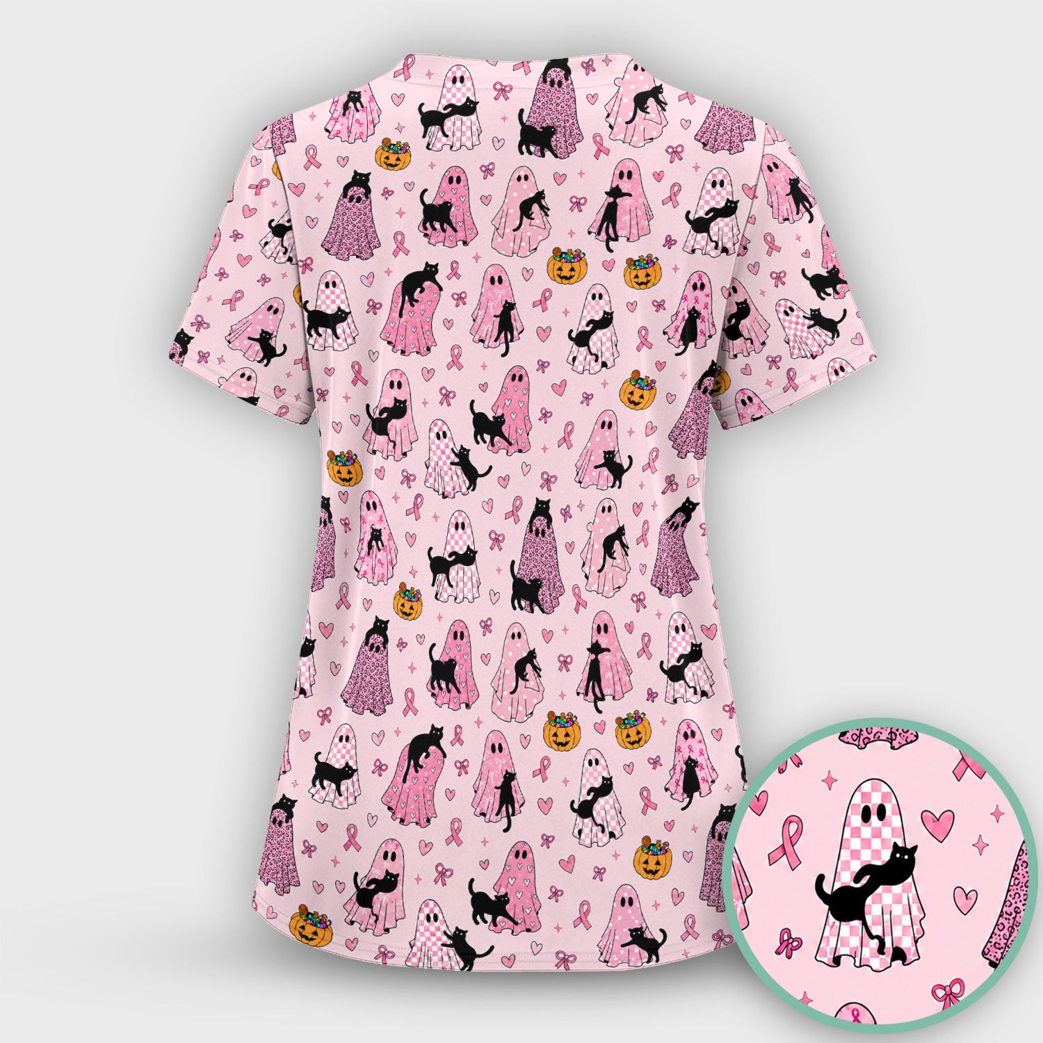 Breast Cancer Awareness Ghost Cat Scrub Set, Scrub Pants and V Neck Top