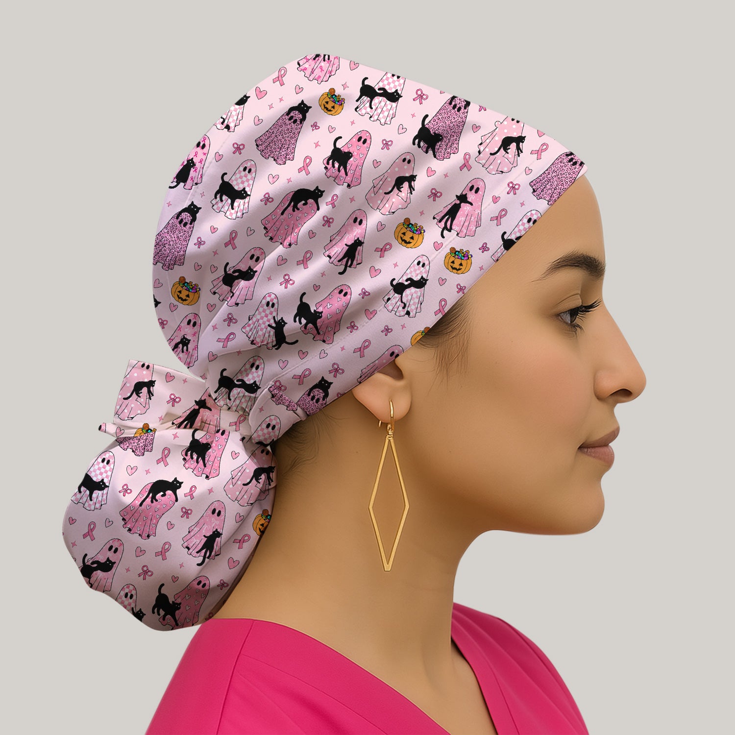 Breast Cancer Awareness Ghost Cat Scrub Cap, Surgical Caps for Doctors