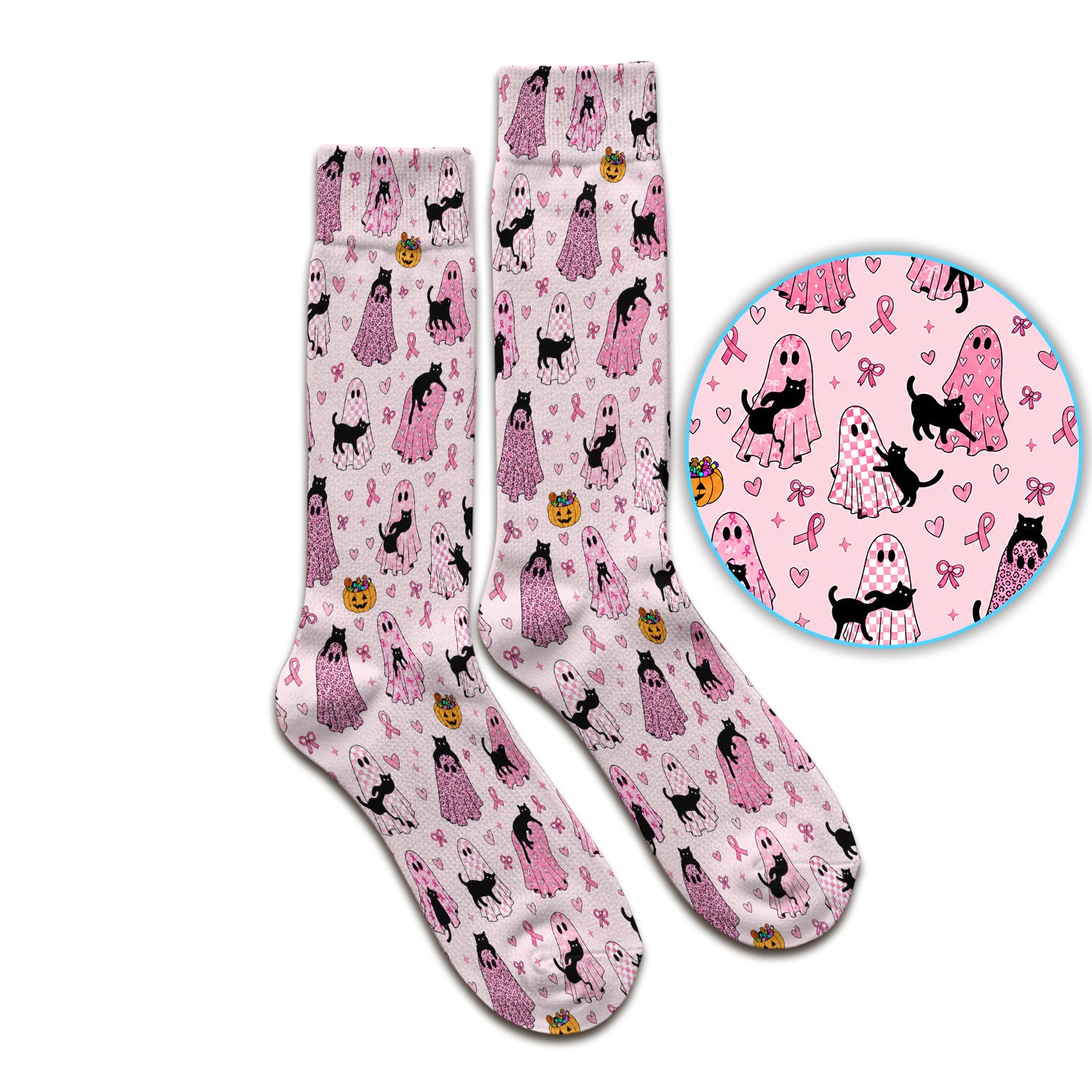 Breast Cancer Awareness Ghost Cat Socks, Adult Socks for Men and Women