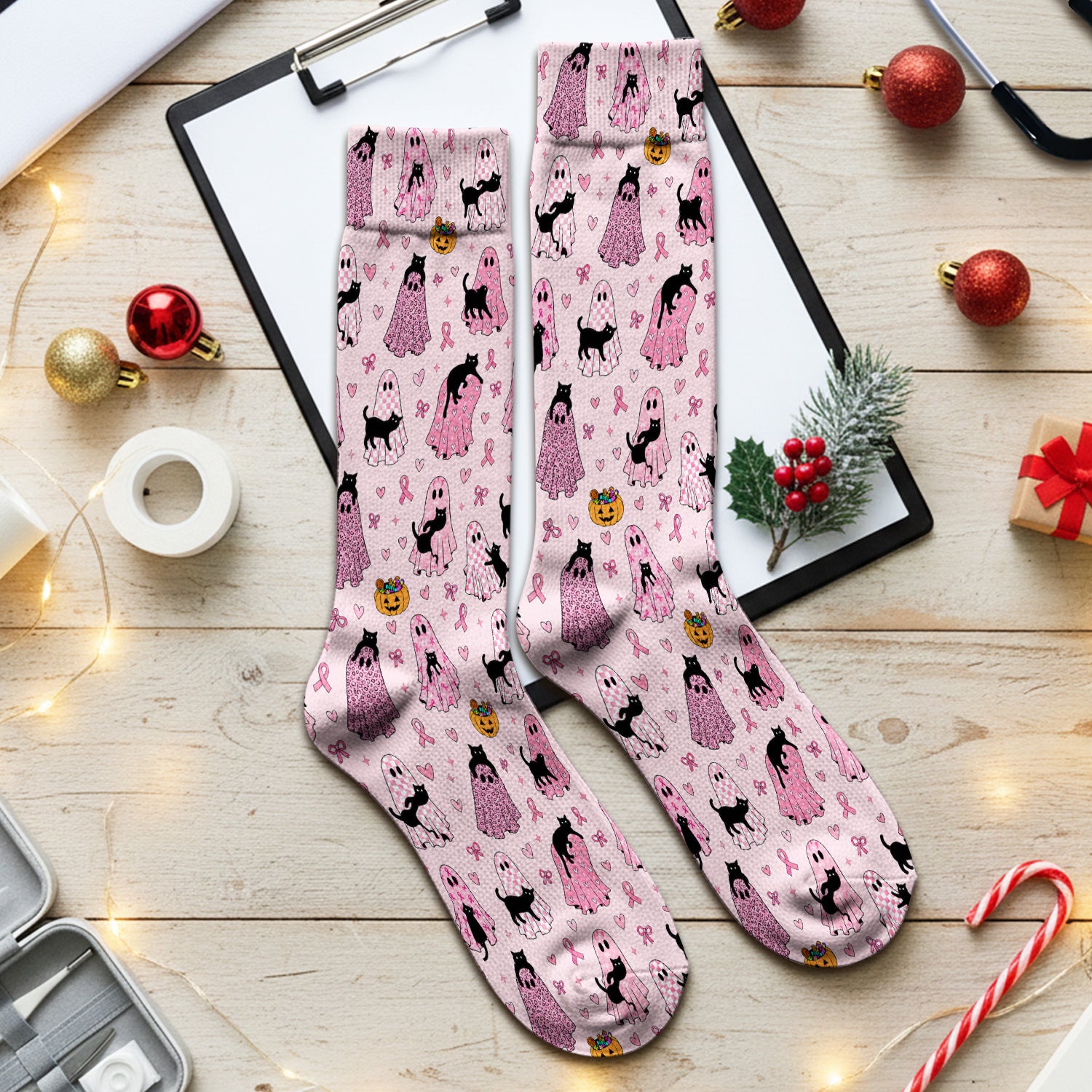 Breast Cancer Awareness Ghost Cat Socks, Adult Socks for Men and Women