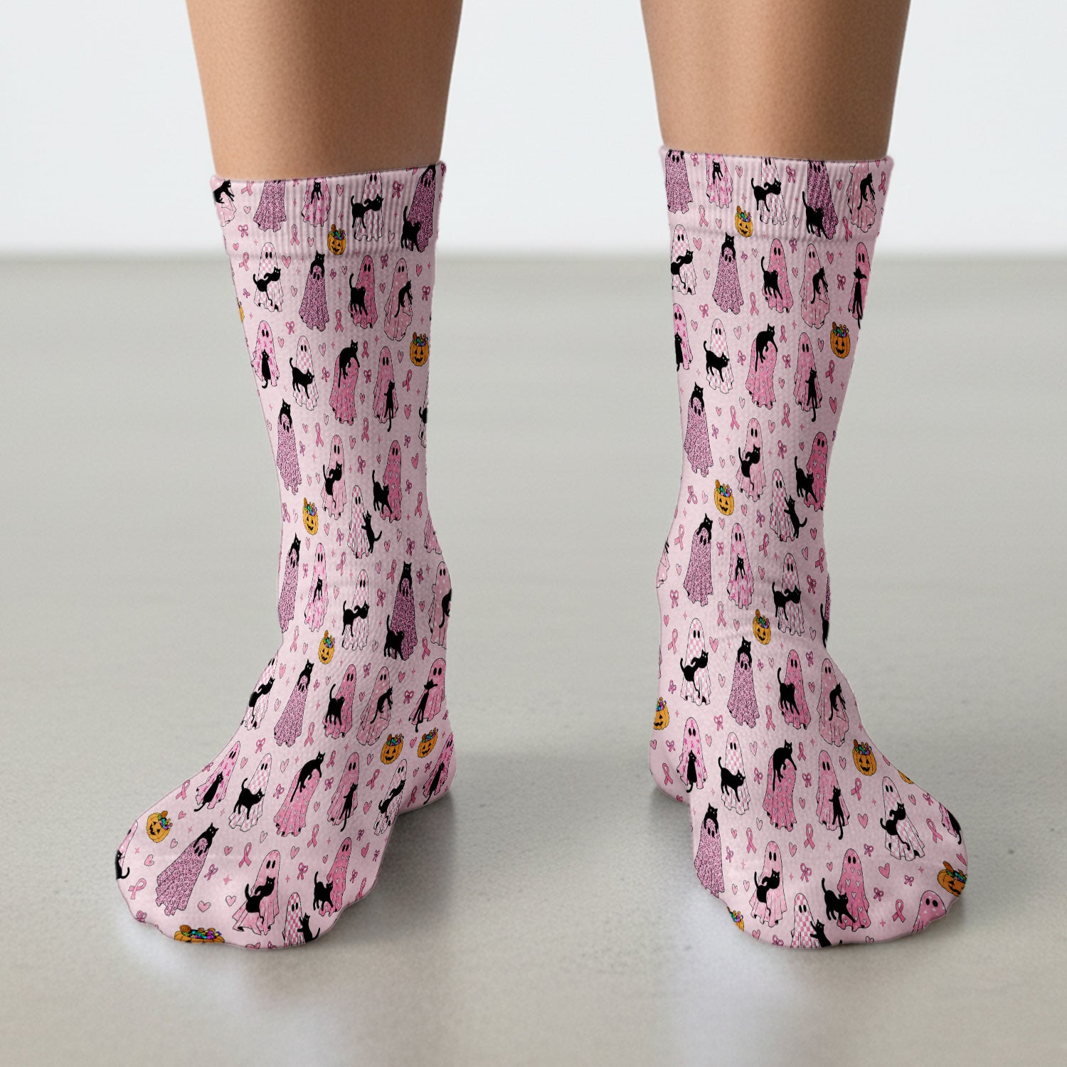 Breast Cancer Awareness Ghost Cat Socks, Adult Socks for Men and Women