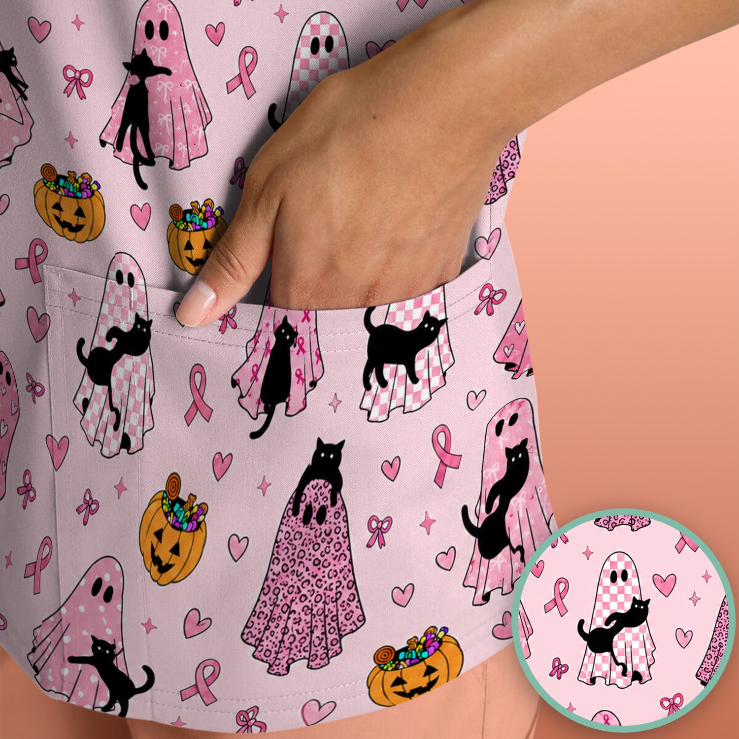 Breast Cancer Awareness Ghost Cat Scrub Top, Comfortable Scrubs for Nurses