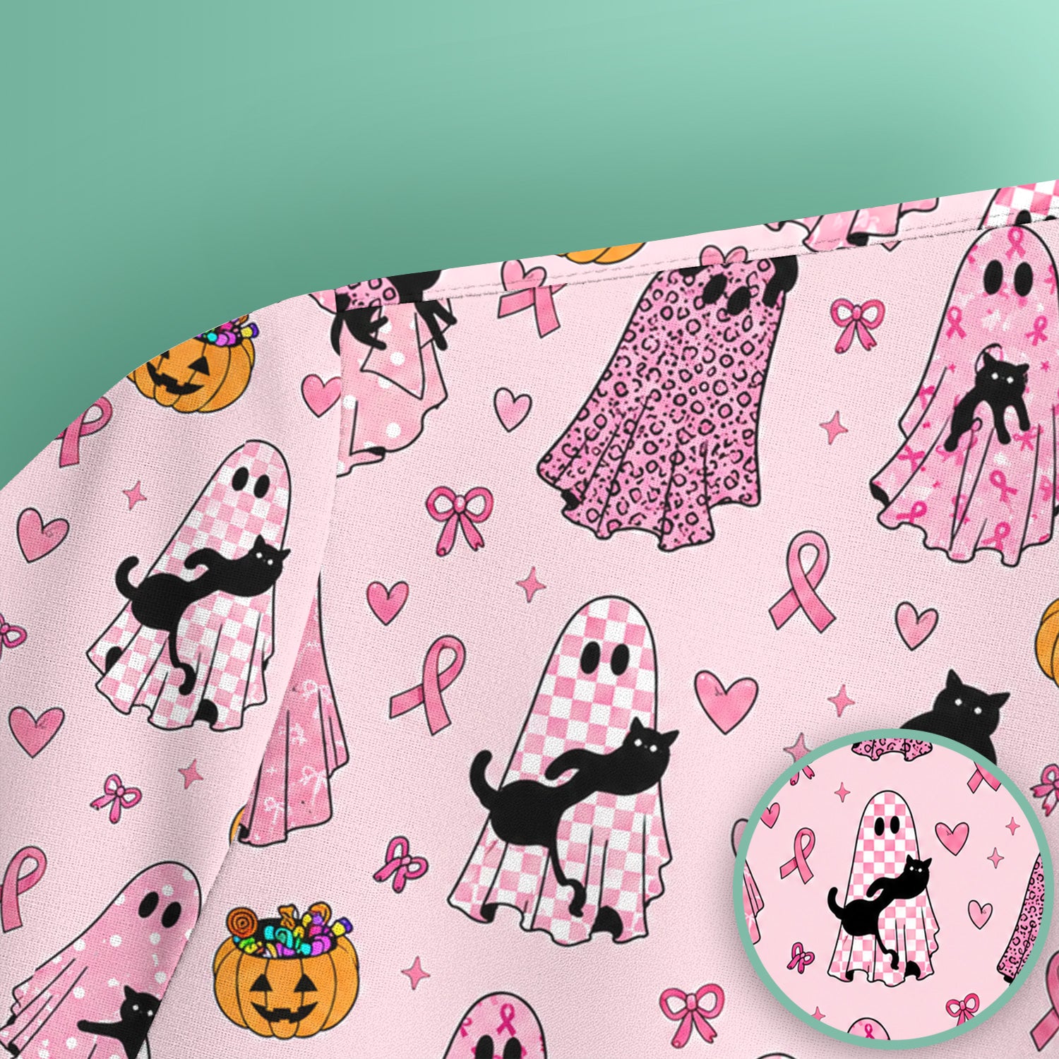 Breast Cancer Awareness Ghost Cat Scrub Top, Comfortable Scrubs for Nurses
