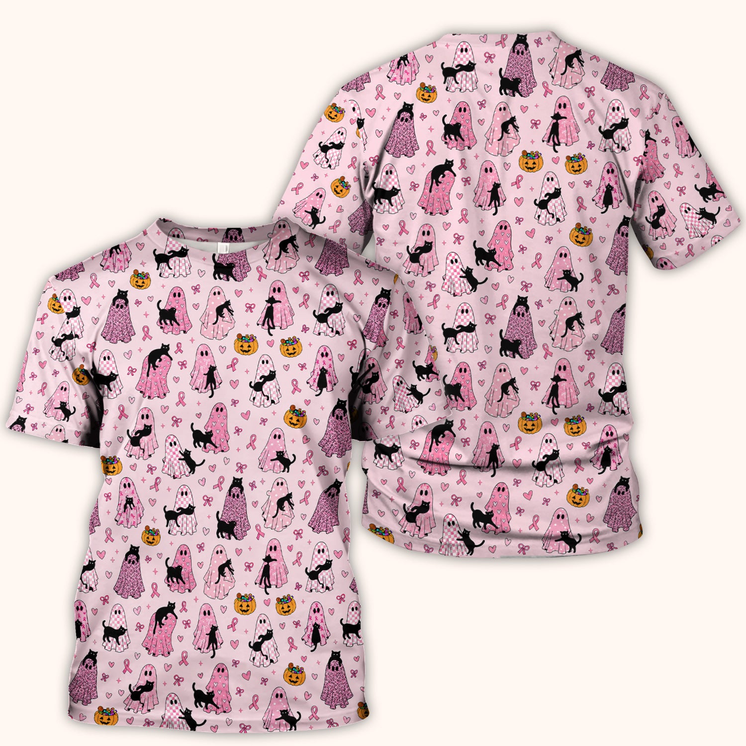 Breast Cancer Awareness Ghost Cat Scrub Top, Comfortable Scrubs for Nurses