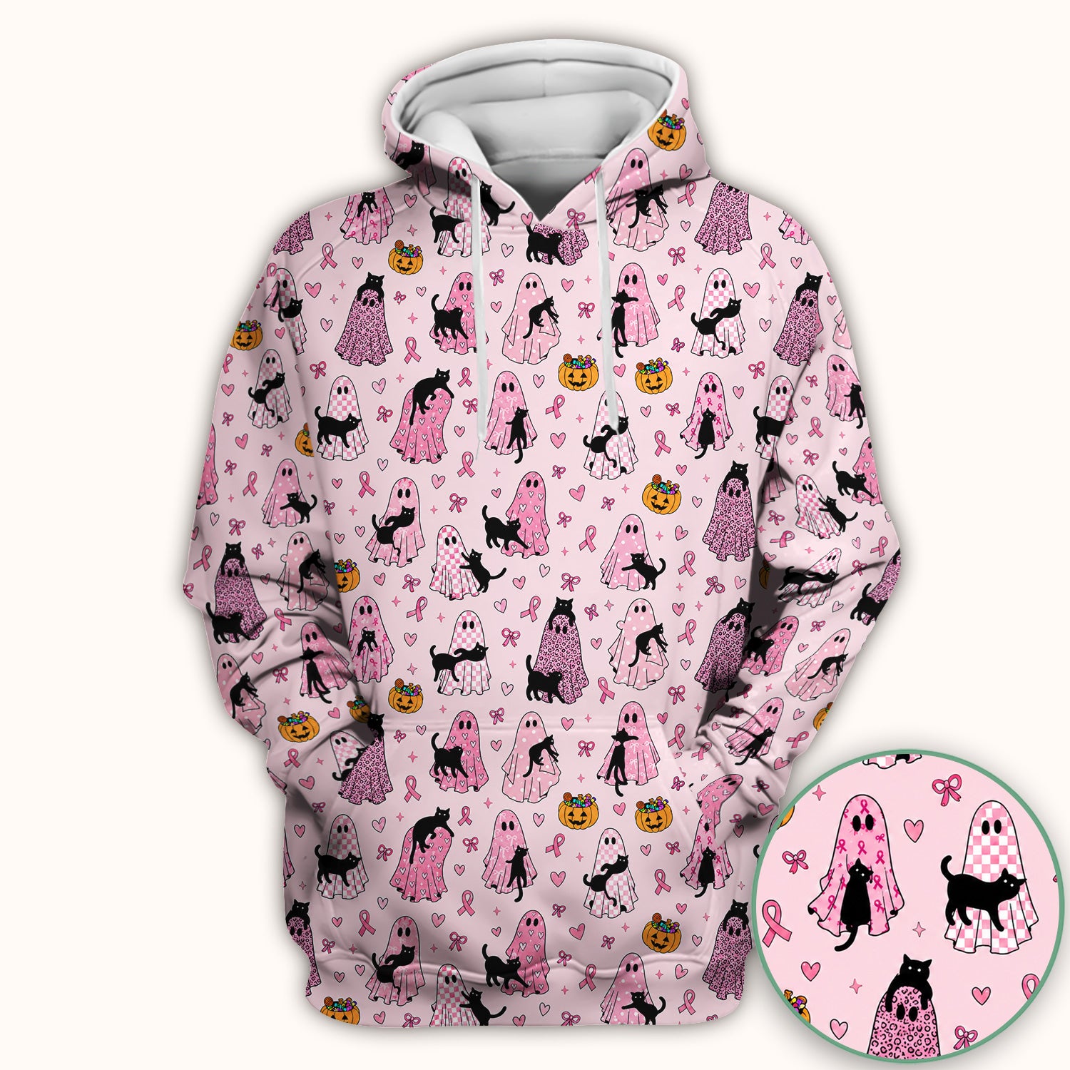 Breast Cancer Awareness Ghost Cat Scrub Top, Comfortable Scrubs for Nurses