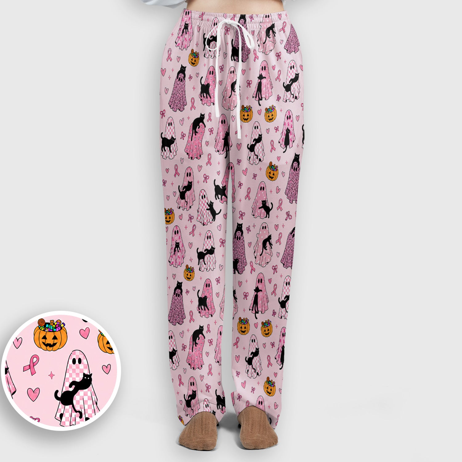 Breast Cancer Awareness Ghost Cat Scrub Set, Scrub Pants and V Neck Top