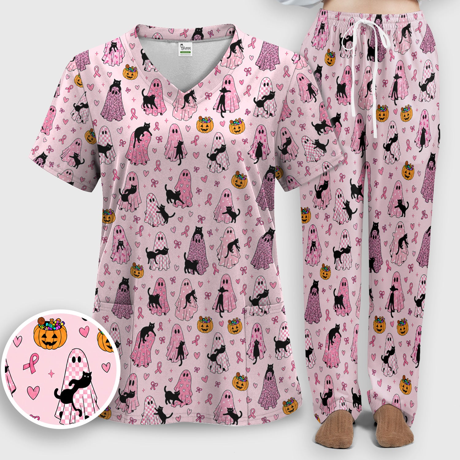 Breast Cancer Awareness Ghost Cat Scrub Set, Scrub Pants and V Neck Top