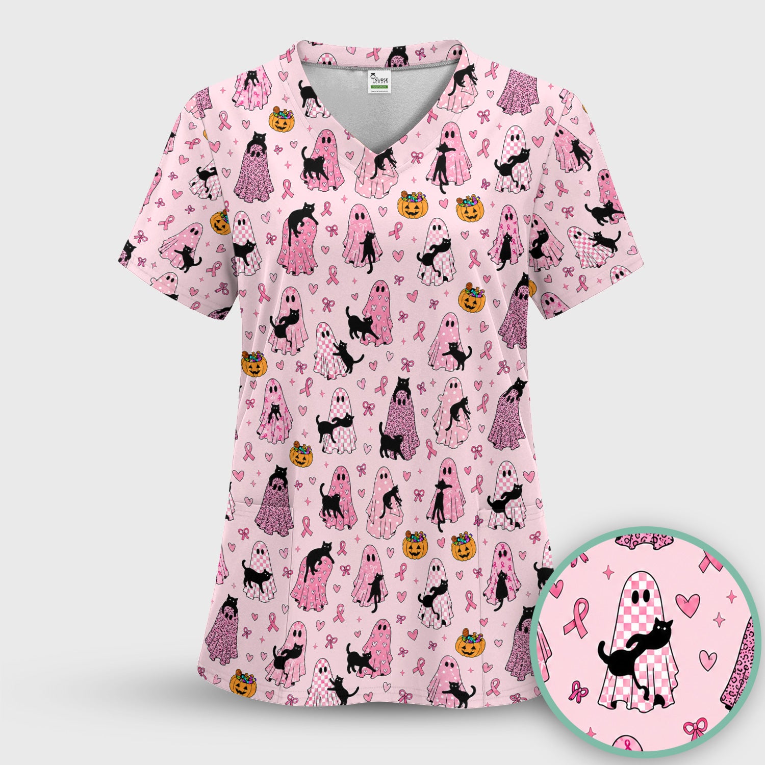 Breast Cancer Awareness Ghost Cat Scrub Set, Scrub Pants and V Neck Top