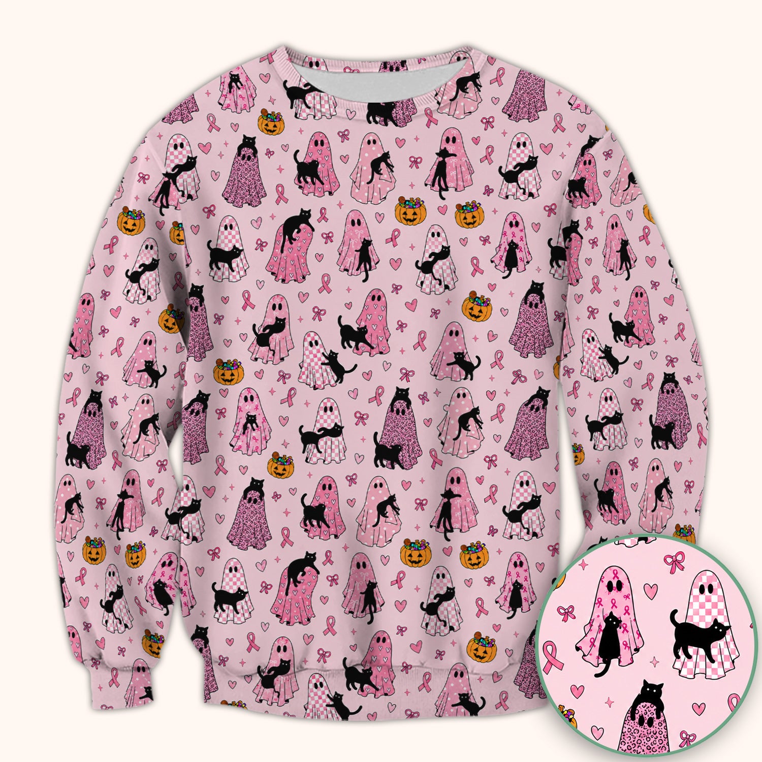 Breast Cancer Awareness Ghost Cat Scrub Top, Comfortable Scrubs for Nurses
