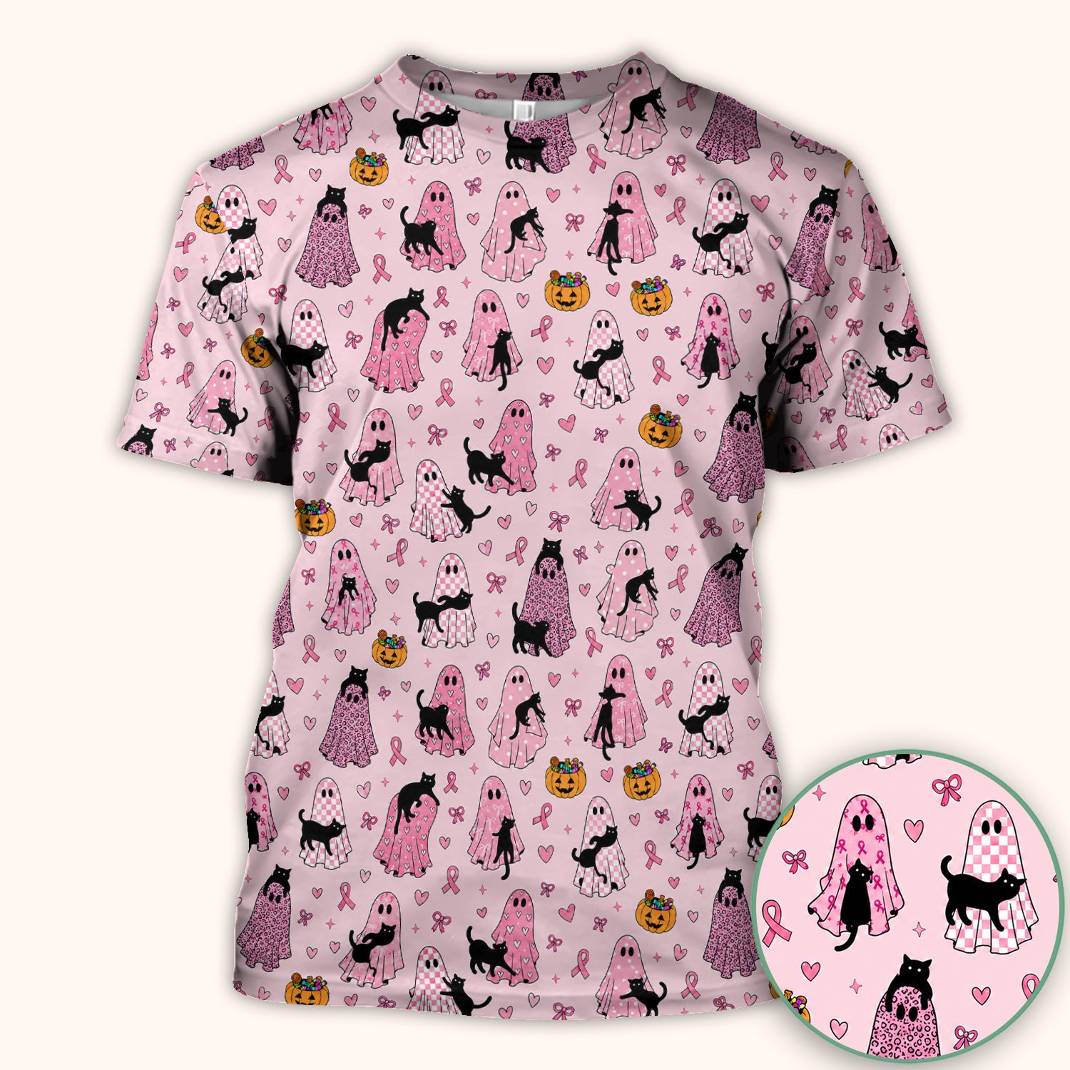 Breast Cancer Awareness Ghost Cat Scrub Top, Comfortable Scrubs for Nurses