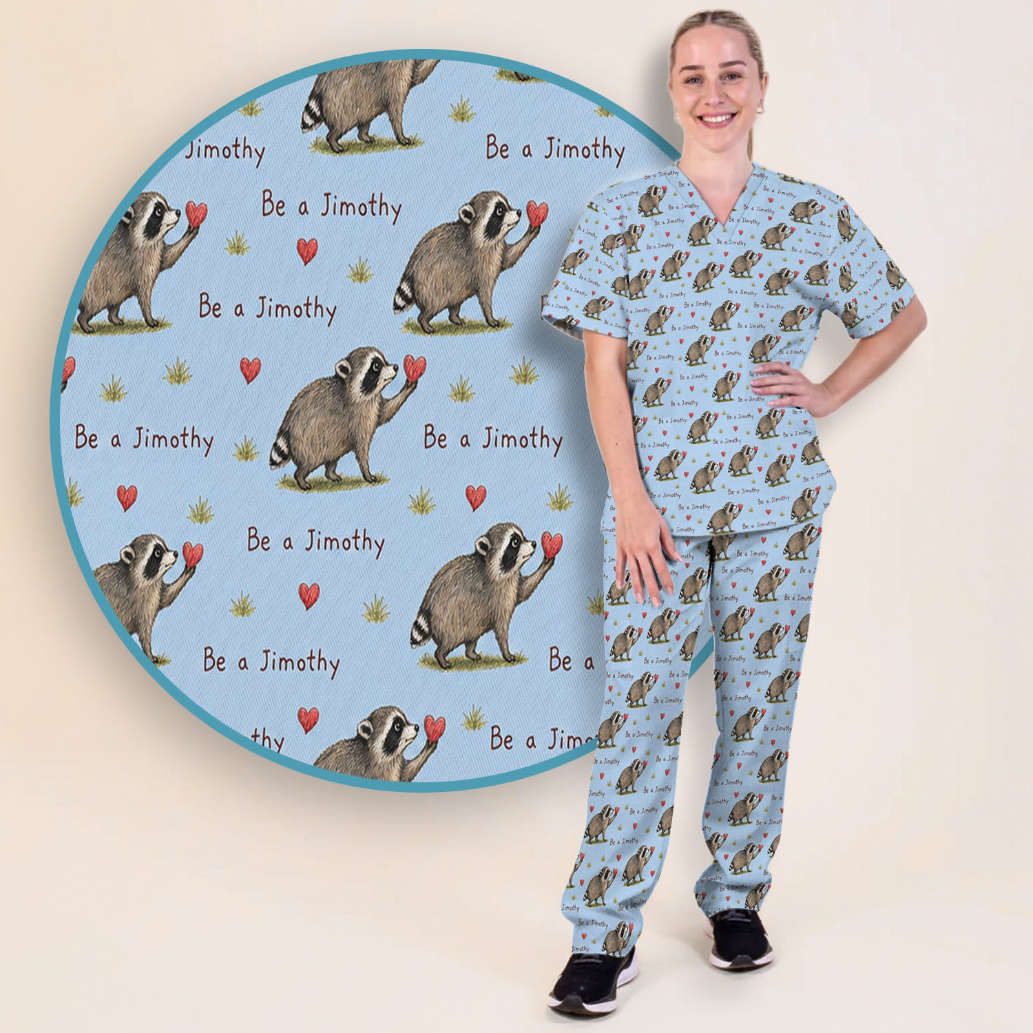 Cute Be A Jimothy Raccoon Hearts Scrub Set, Scrub Pants and V Neck Top