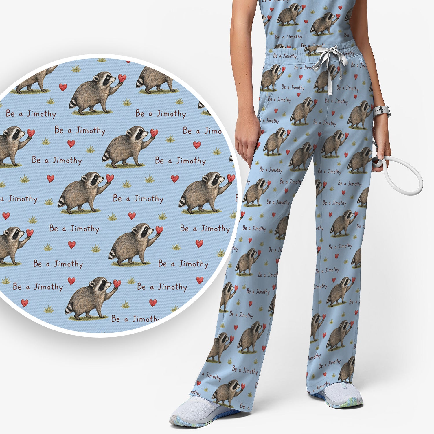 Cute Be A Jimothy Raccoon Hearts Scrub Set, Scrub Pants and V Neck Top