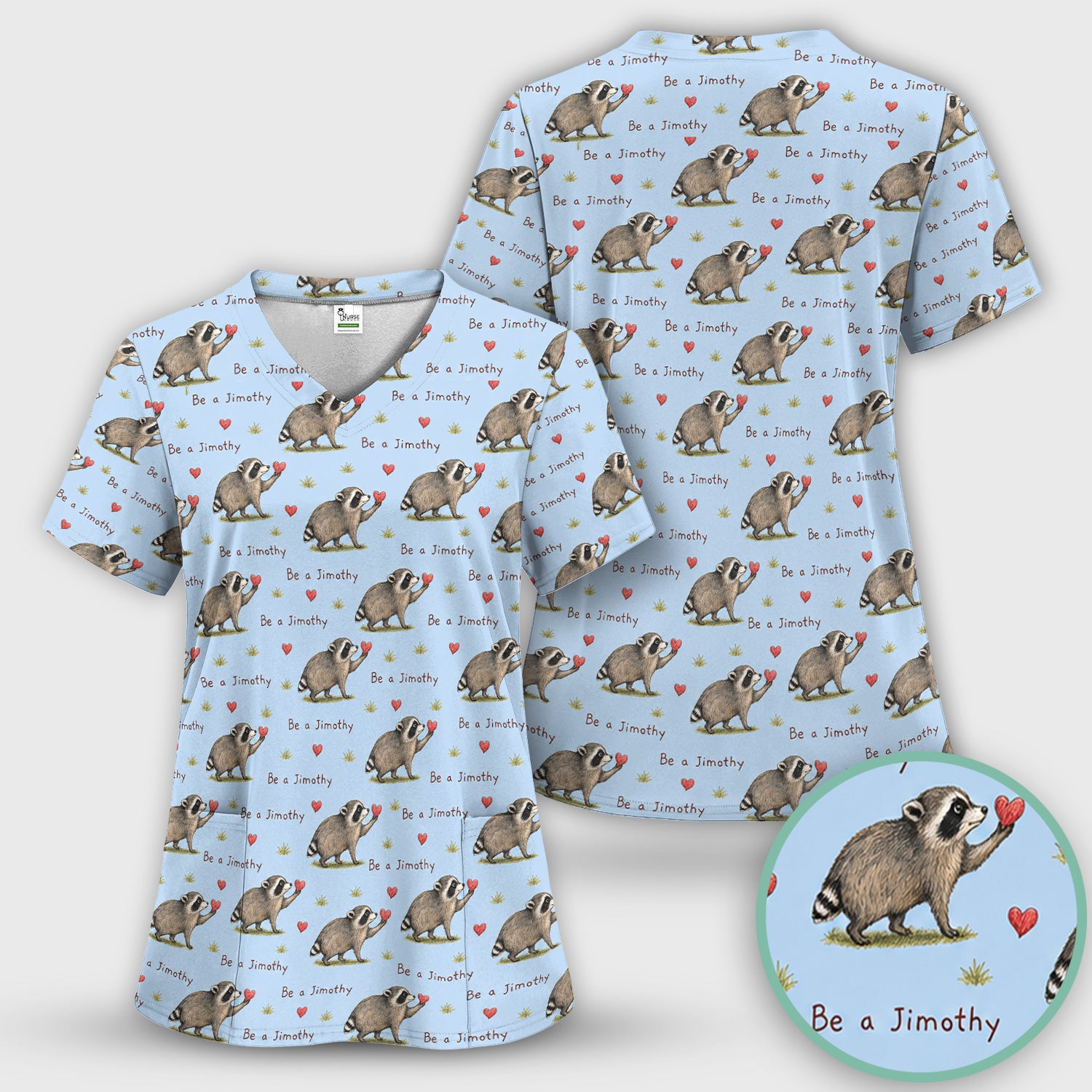 Cute Be A Jimothy Raccoon Hearts Scrub Set, Scrub Pants and V Neck Top