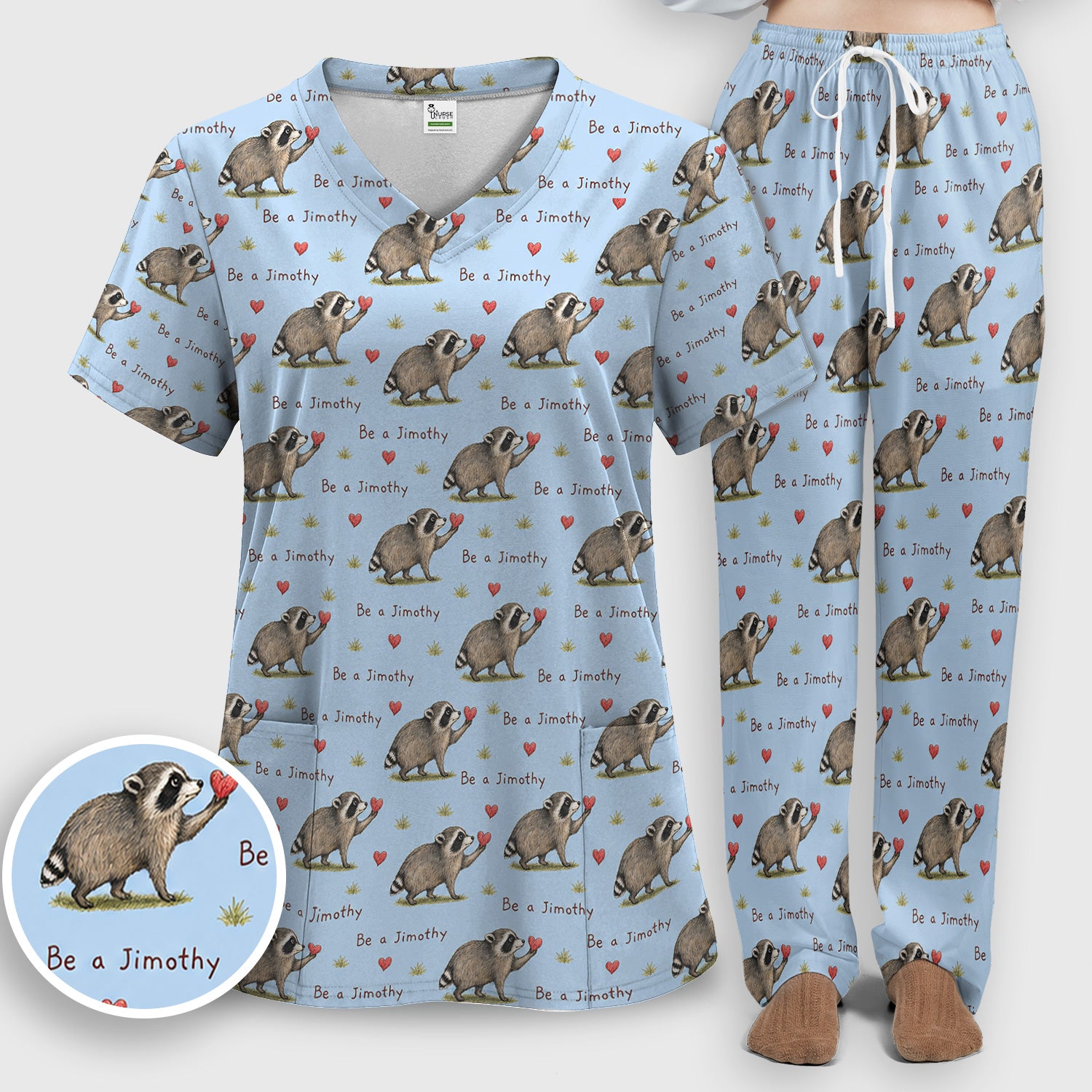 Cute Be A Jimothy Raccoon Hearts Scrub Set, Scrub Pants and V Neck Top