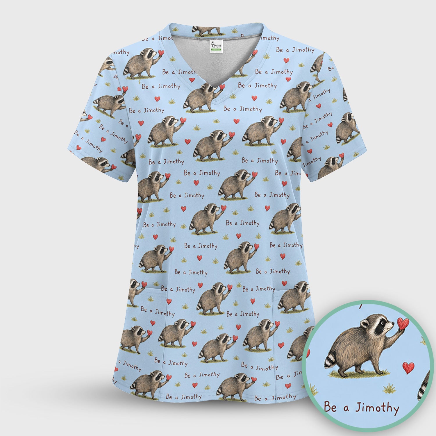 Cute Be A Jimothy Raccoon Hearts Scrub Set, Scrub Pants and V Neck Top
