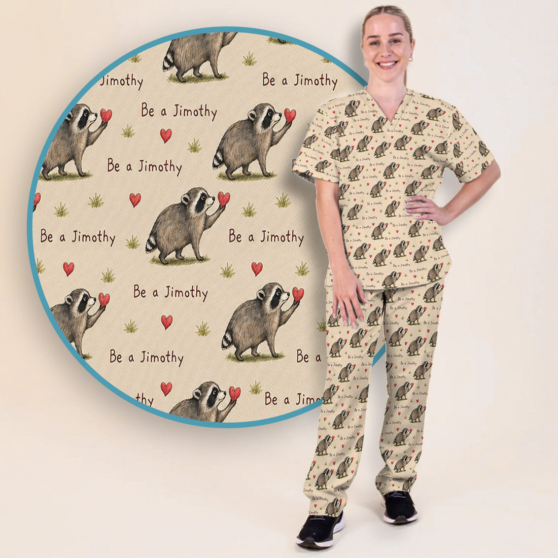 Cute Be A Jimothy Raccoon Hearts Scrub Set, Scrub Pants and V Neck Top