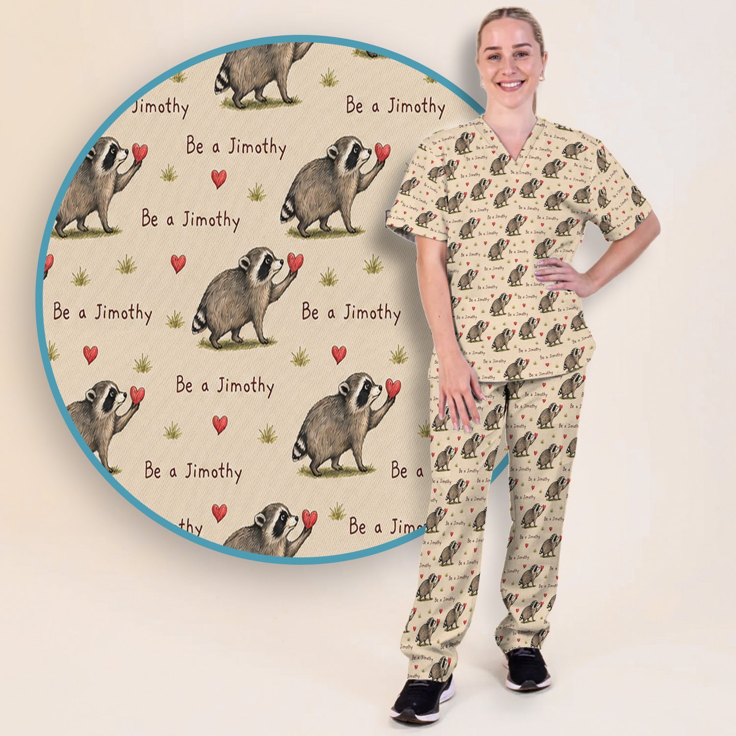 Cute Be A Jimothy Raccoon Hearts Scrub Set, Scrub Pants and V Neck Top