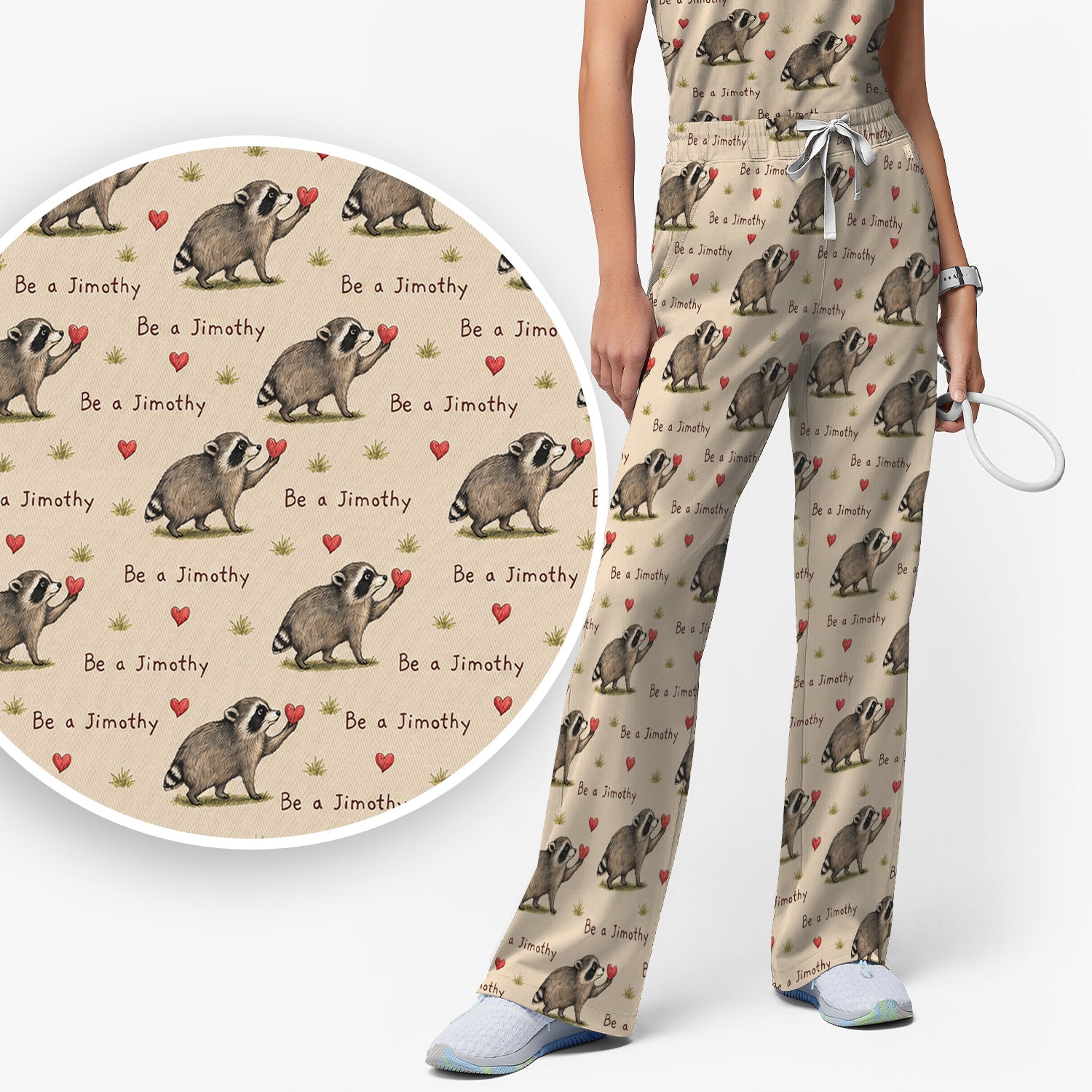 Cute Be A Jimothy Raccoon Hearts Scrub Set, Scrub Pants and V Neck Top