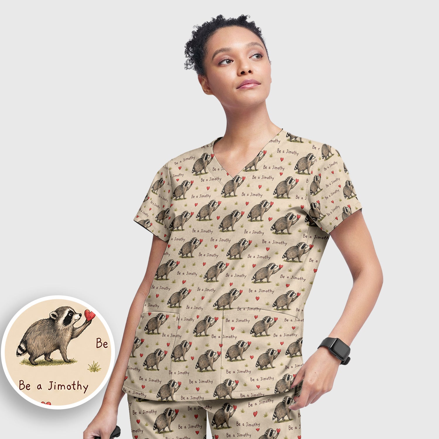 Cute Be A Jimothy Raccoon Hearts Scrub Set, Scrub Pants and V Neck Top