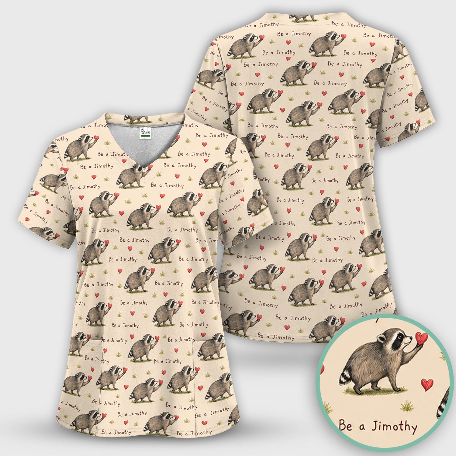 Cute Be A Jimothy Raccoon Hearts Scrub Set, Scrub Pants and V Neck Top