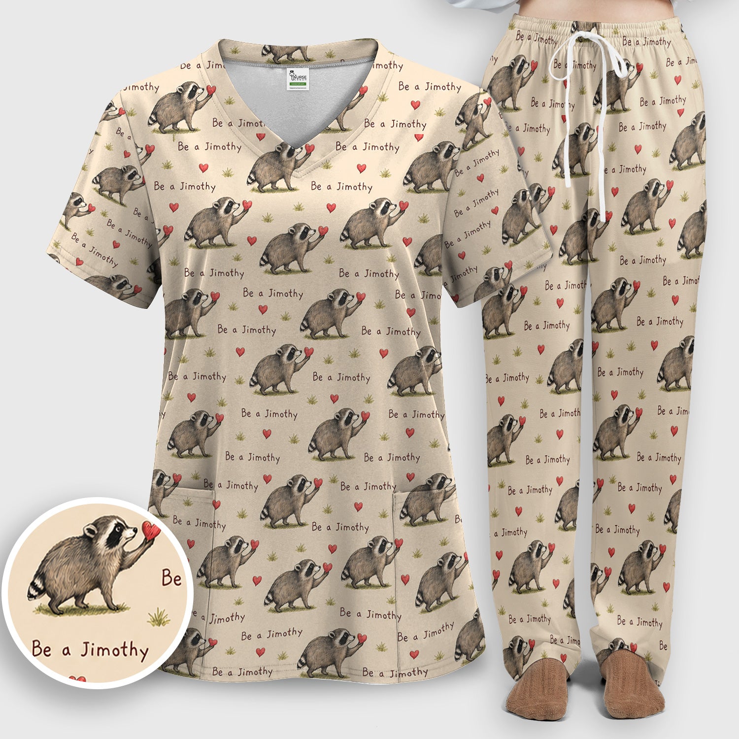Cute Be A Jimothy Raccoon Hearts Scrub Set, Scrub Pants and V Neck Top