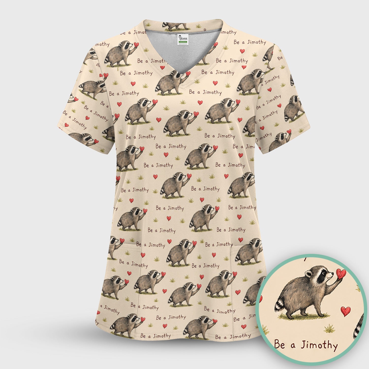 Cute Be A Jimothy Raccoon Hearts Scrub Set, Scrub Pants and V Neck Top