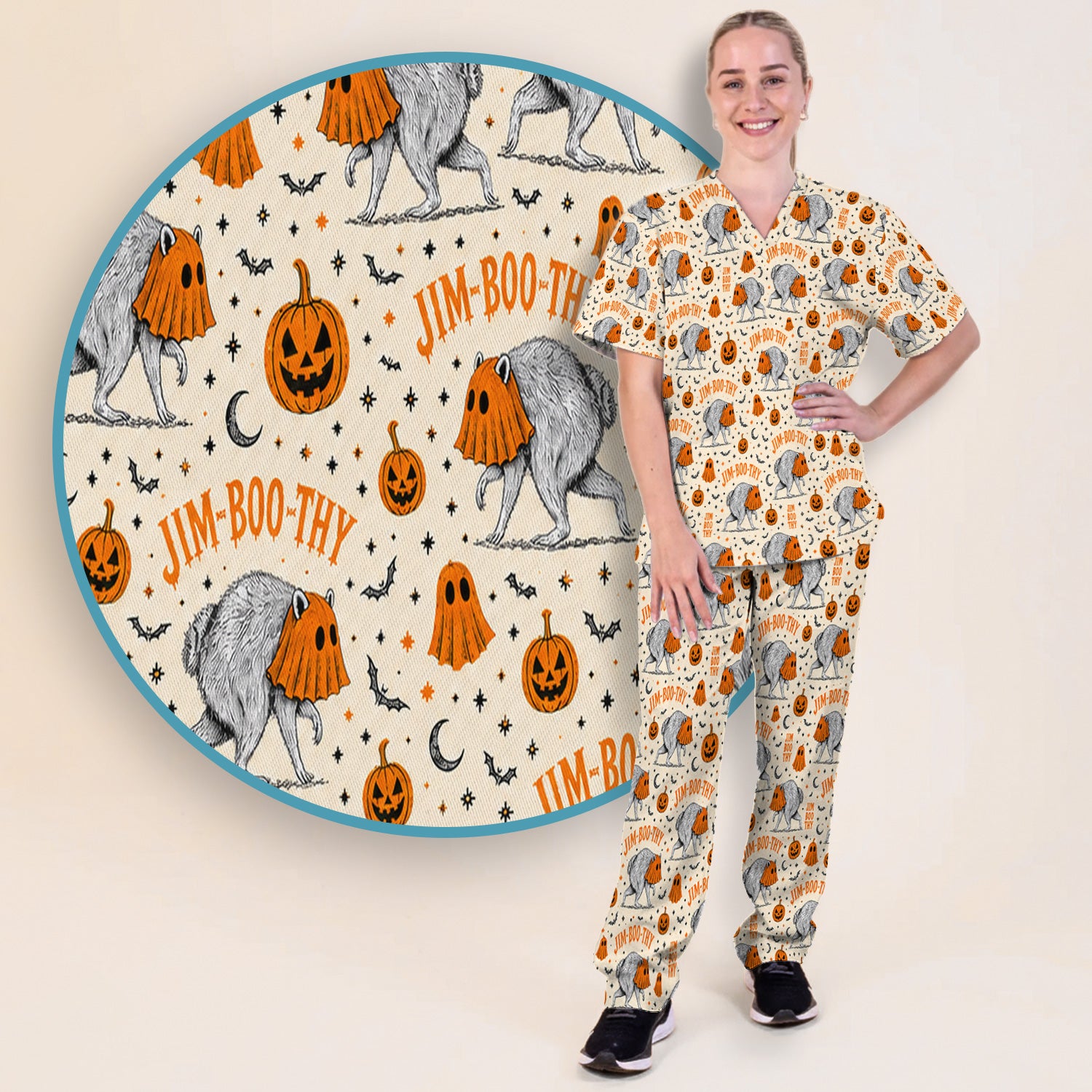 Funny Halloween Ghost Jimothy Pattern Scrub Set, Scrub Pants and V Neck Top