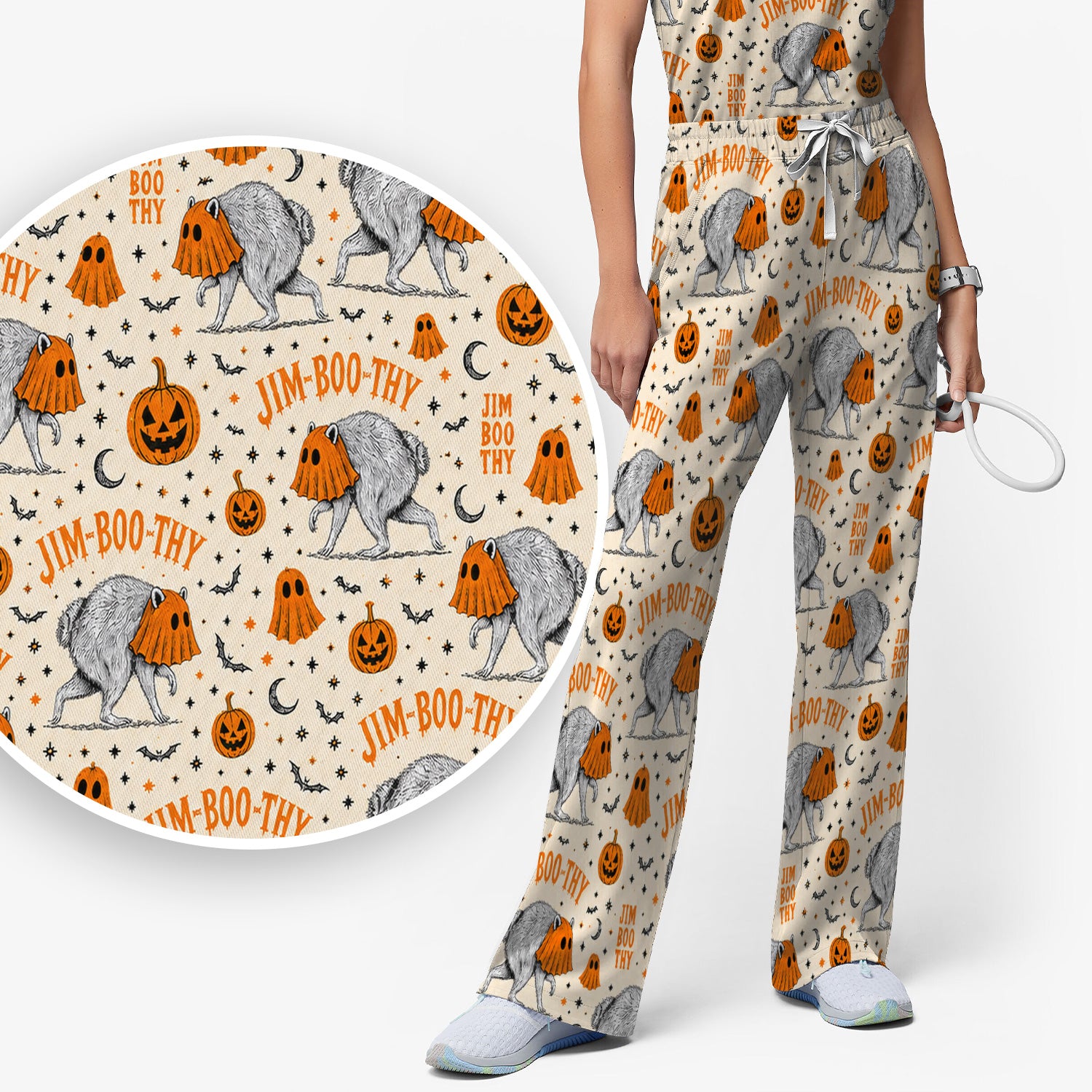Funny Halloween Ghost Jimothy Pattern Scrub Set, Scrub Pants and V Neck Top