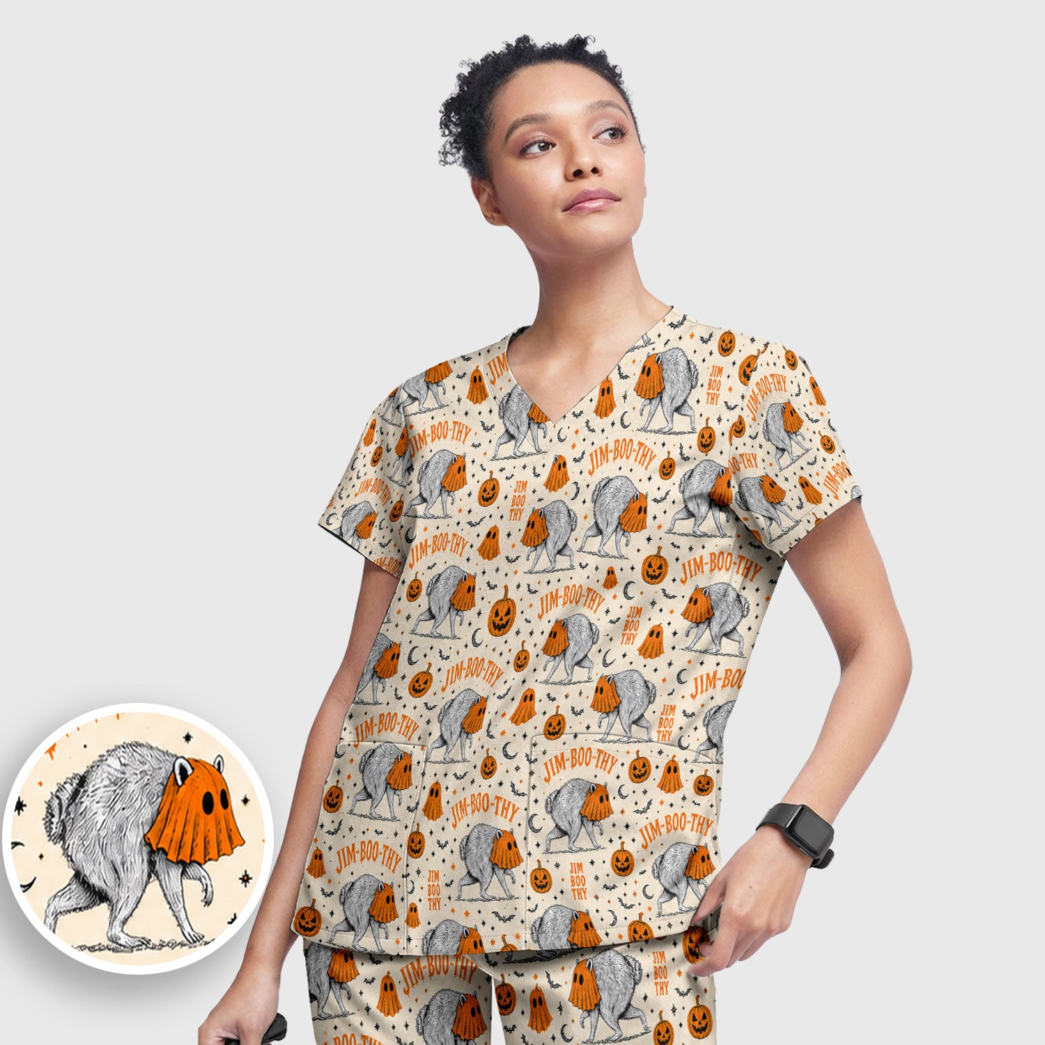 Funny Halloween Ghost Jimothy Pattern Scrub Set, Scrub Pants and V Neck Top