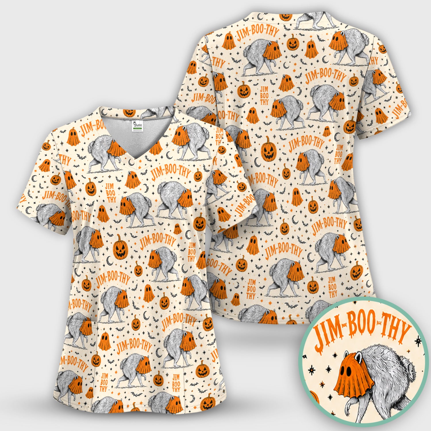 Funny Halloween Ghost Jimothy Pattern Scrub Top, Comfortable Scrubs for Nurses