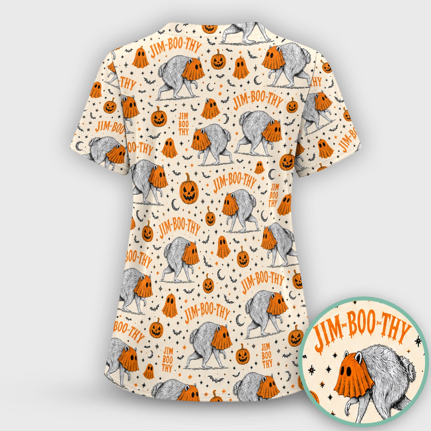 Funny Halloween Ghost Jimothy Pattern Scrub Top, Comfortable Scrubs for Nurses