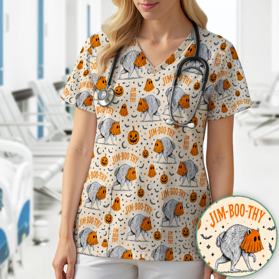 Funny Halloween Ghost Jimothy Pattern Scrub Top, Comfortable Scrubs for Nurses