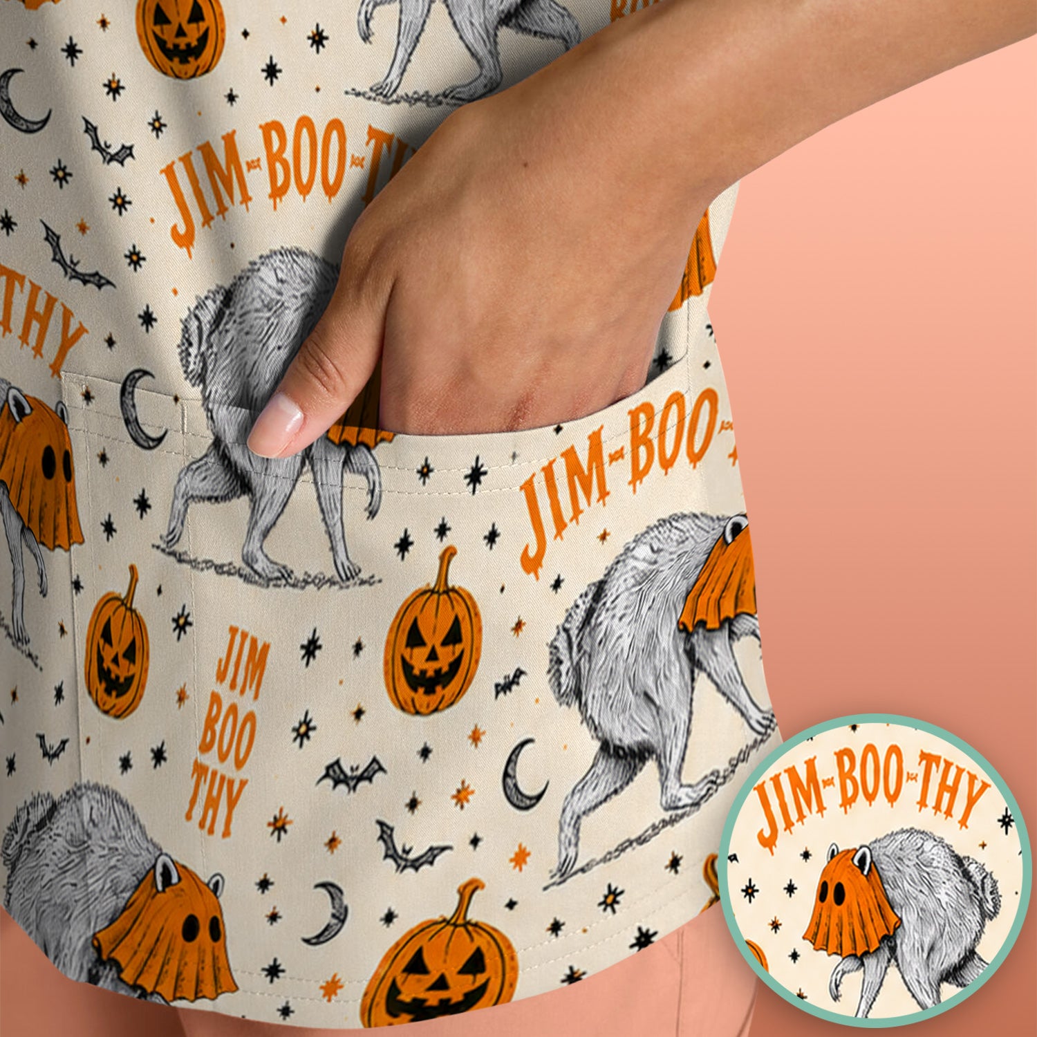 Funny Halloween Ghost Jimothy Pattern Scrub Top, Comfortable Scrubs for Nurses