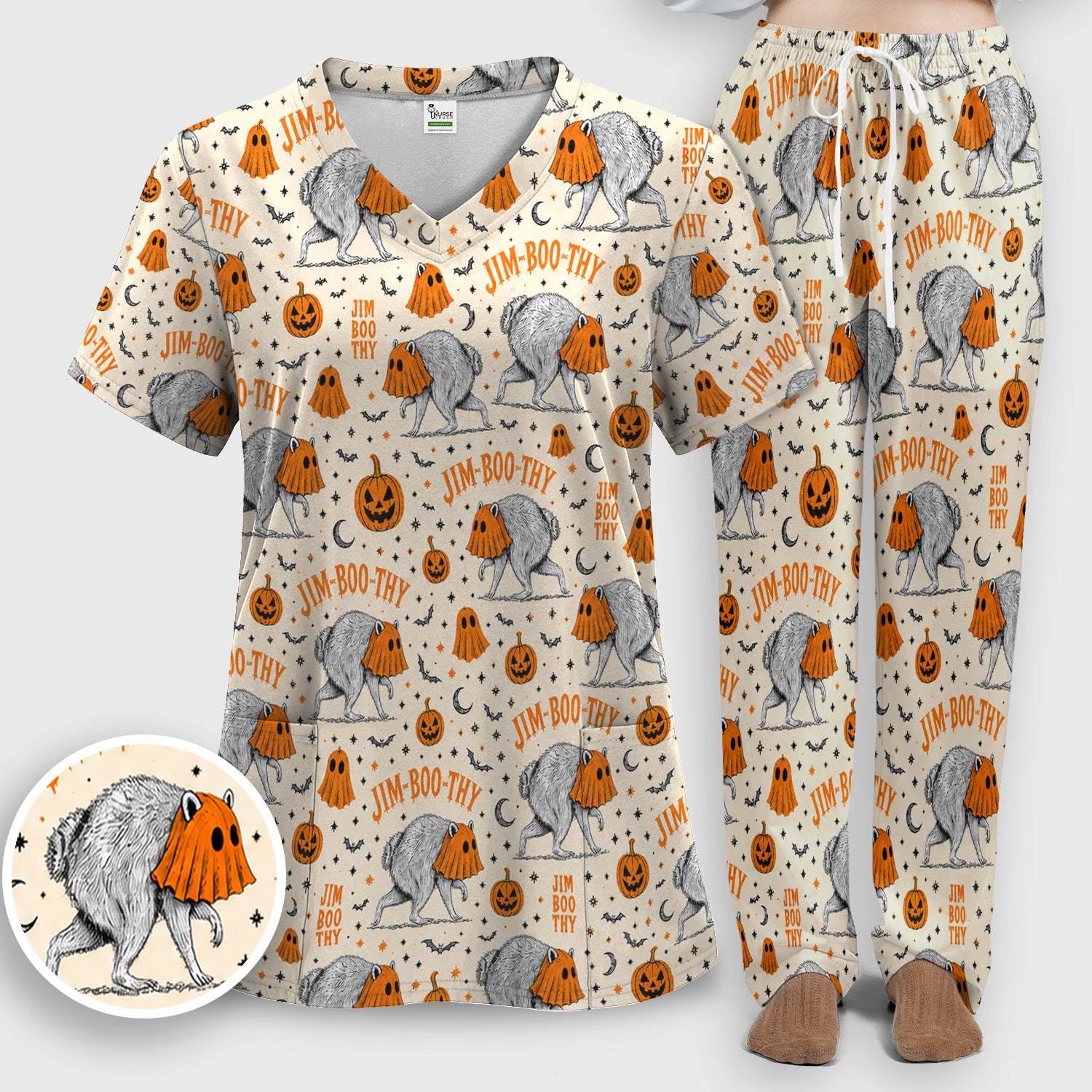 Funny Halloween Ghost Jimothy Pattern Scrub Set, Scrub Pants and V Neck Top