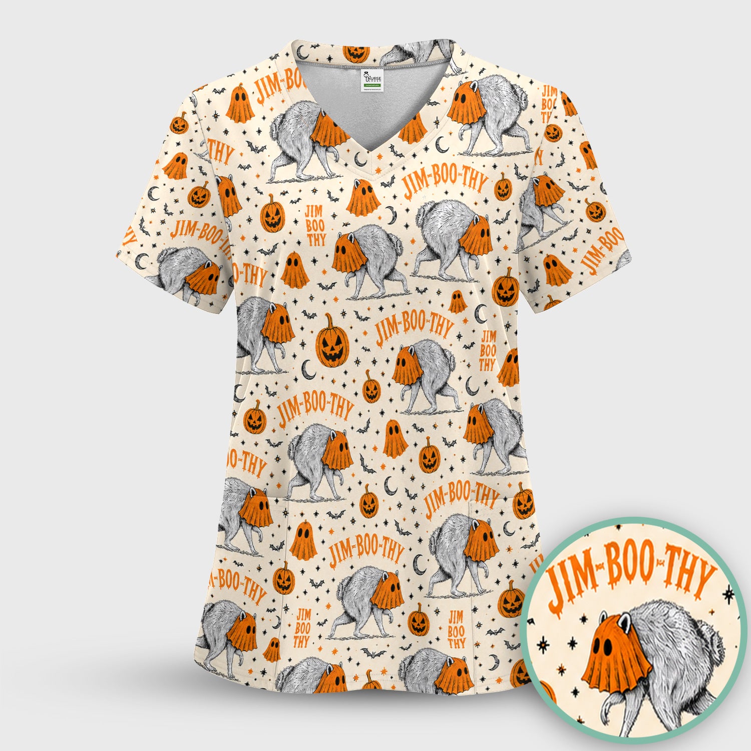Funny Halloween Ghost Jimothy Pattern Scrub Top, Comfortable Scrubs for Nurses