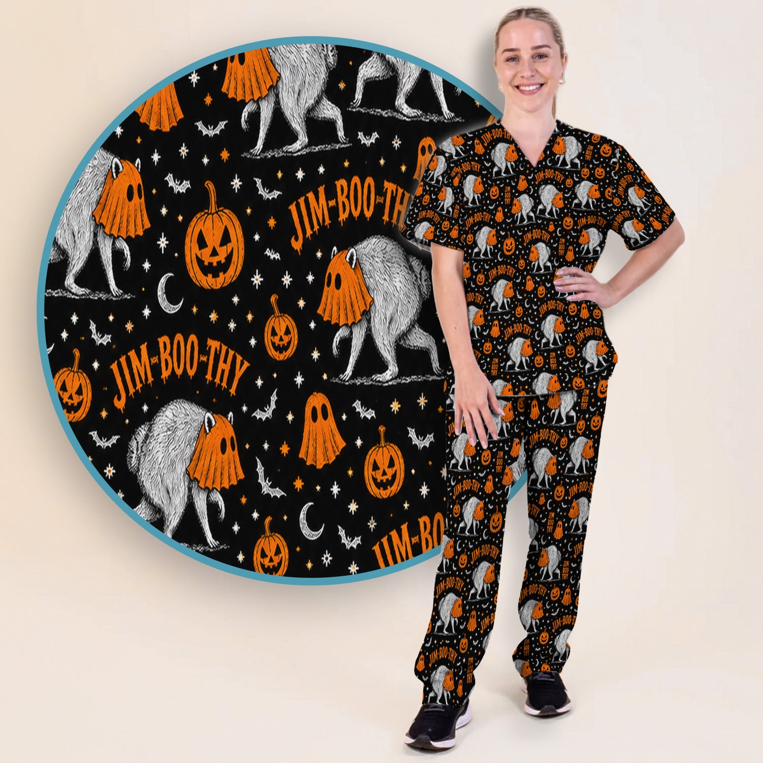 Funny Halloween Ghost Jimothy Pattern Scrub Set, Scrub Pants and V Neck Top