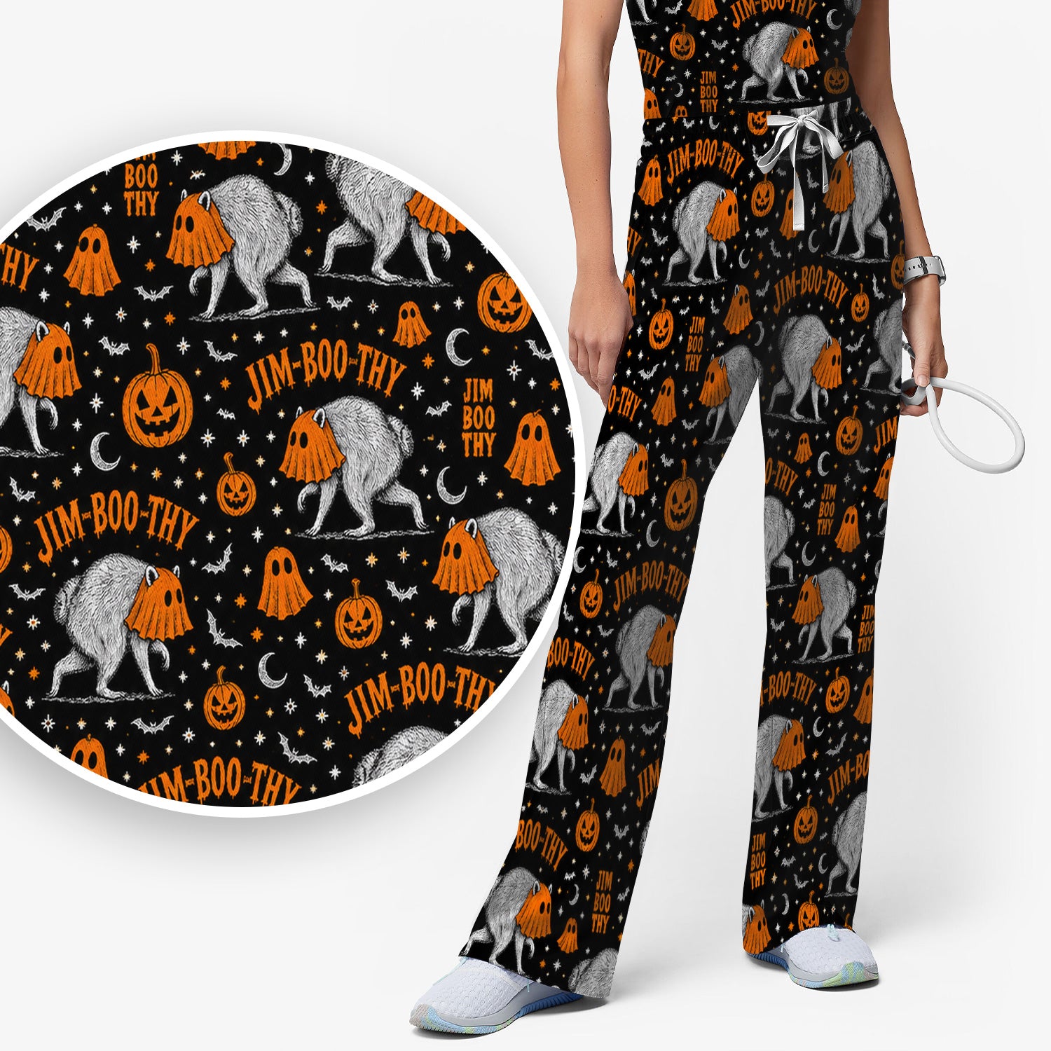 Funny Halloween Ghost Jimothy Pattern Scrub Set, Scrub Pants and V Neck Top
