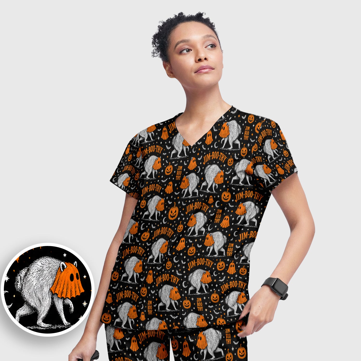 Funny Halloween Ghost Jimothy Pattern Scrub Set, Scrub Pants and V Neck Top