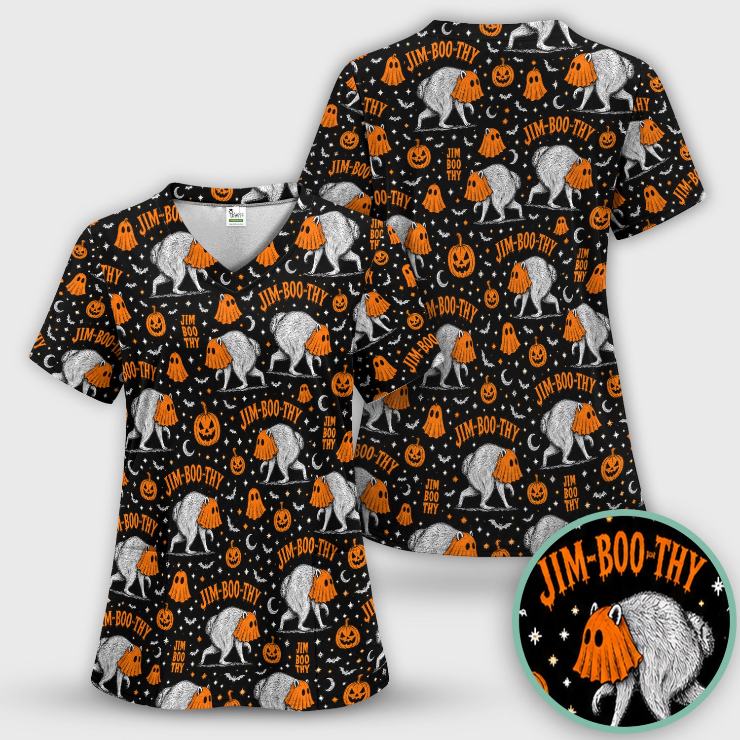 Funny Halloween Ghost Jimothy Pattern Scrub Top, Comfortable Scrubs for Nurses