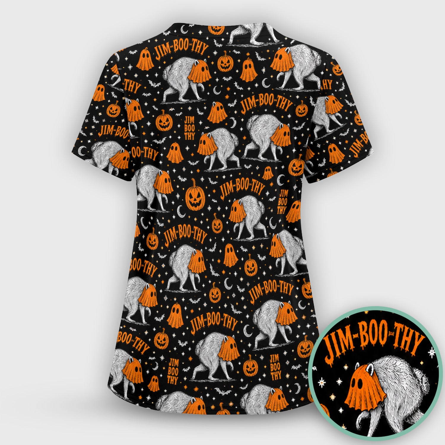 Funny Halloween Ghost Jimothy Pattern Scrub Top, Comfortable Scrubs for Nurses