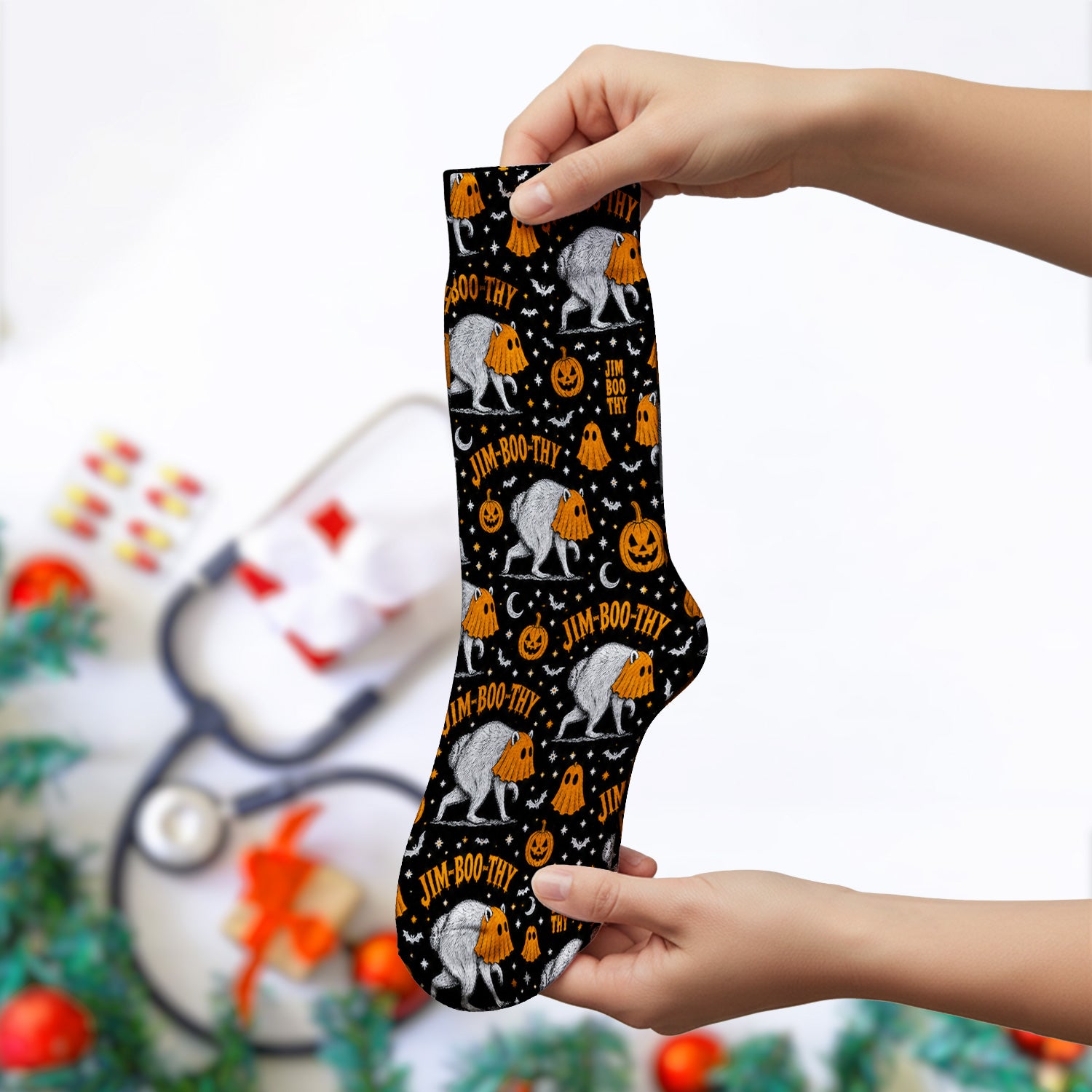 Funny Halloween Ghost Jimothy Pattern Socks, Adult Socks for Men and Women