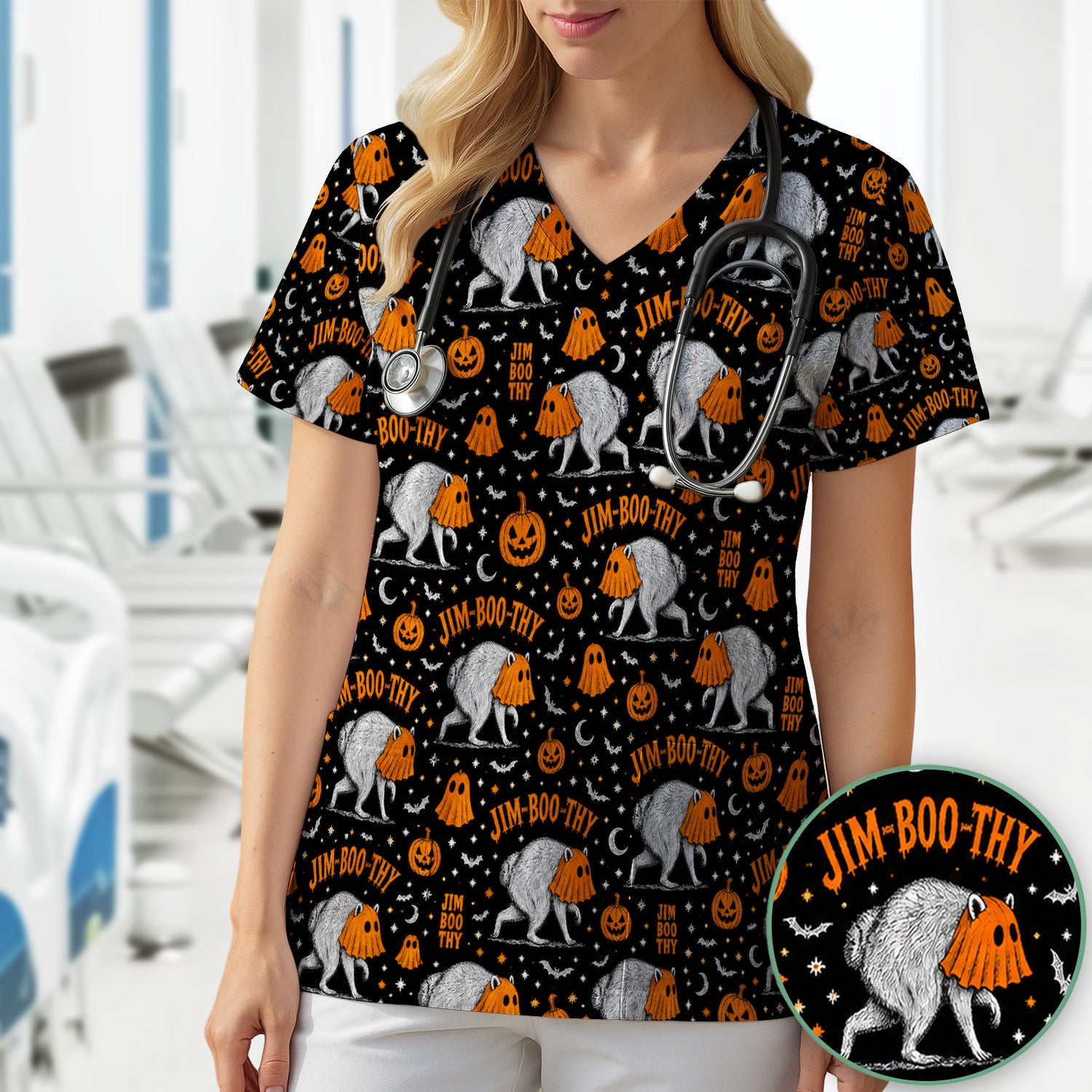 Funny Halloween Ghost Jimothy Pattern Scrub Top, Comfortable Scrubs for Nurses