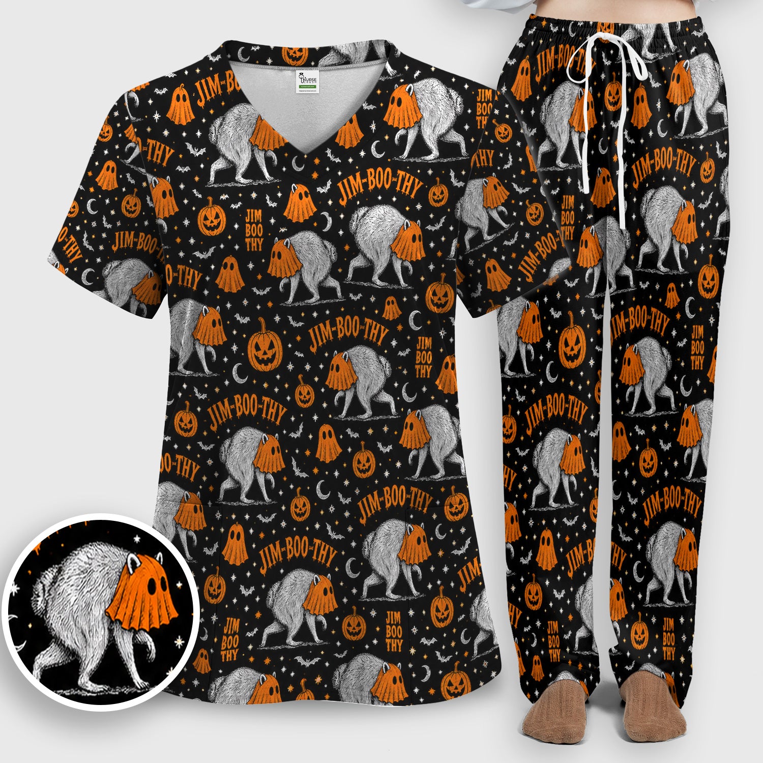 Funny Halloween Ghost Jimothy Pattern Scrub Set, Scrub Pants and V Neck Top