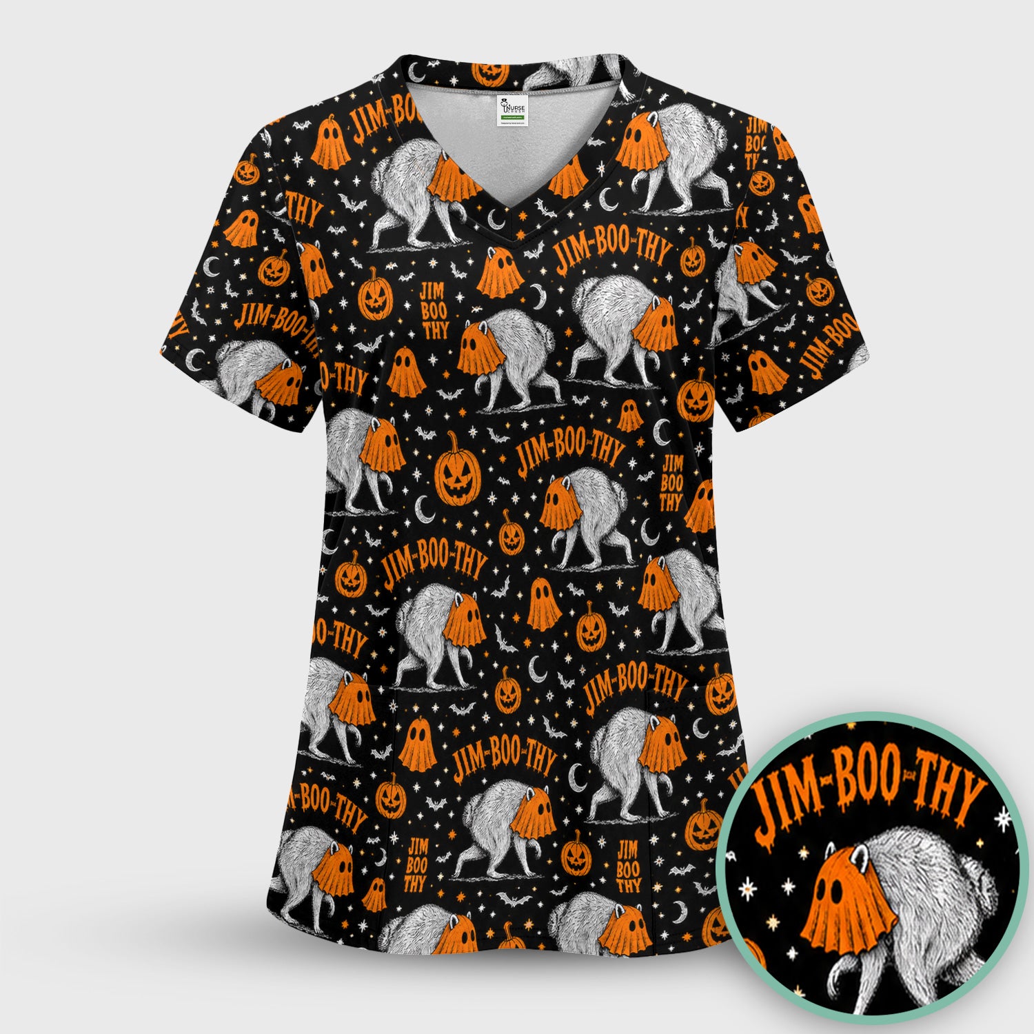 Funny Halloween Ghost Jimothy Pattern Scrub Top, Comfortable Scrubs for Nurses