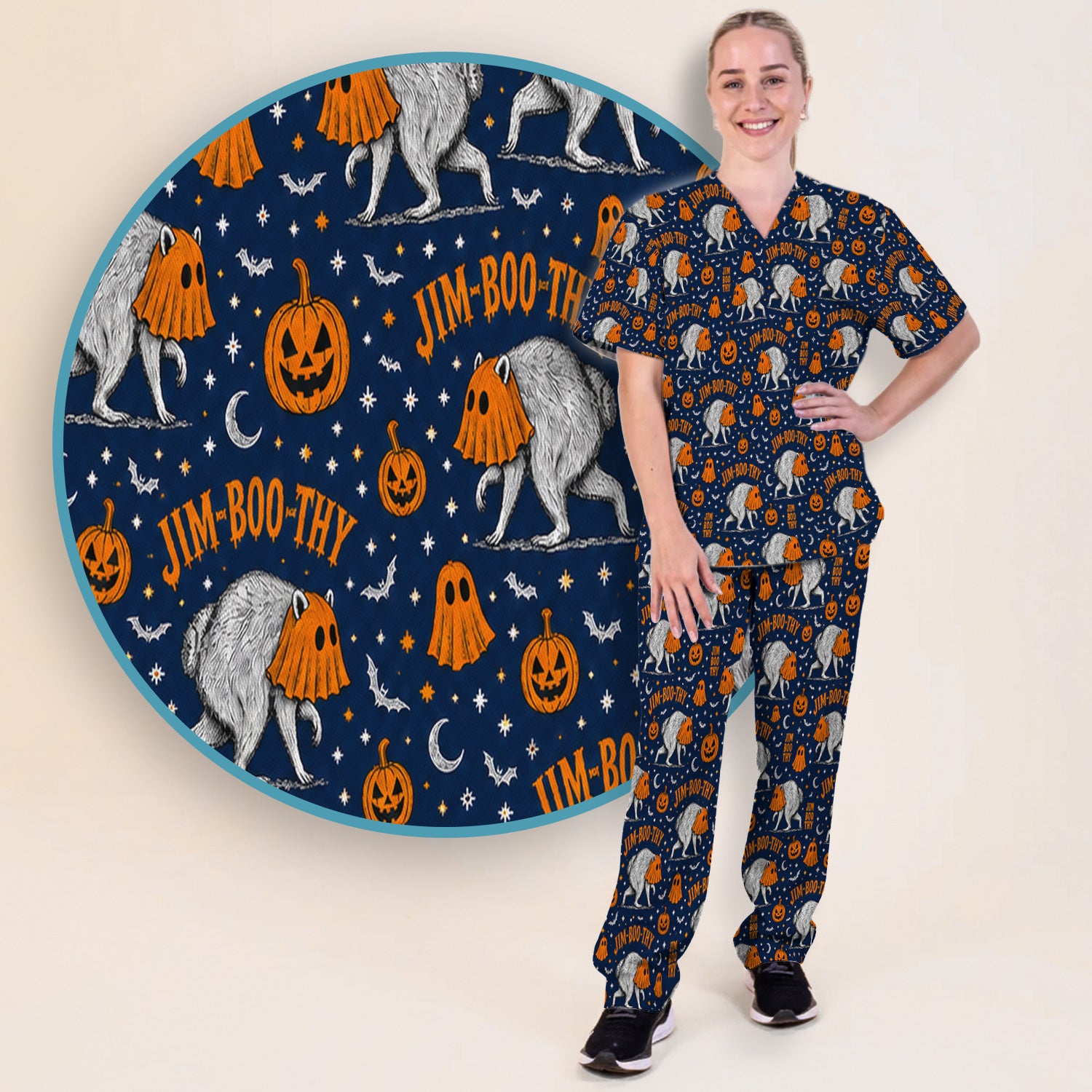 Funny Halloween Ghost Jimothy Pattern Scrub Set, Scrub Pants and V Neck Top