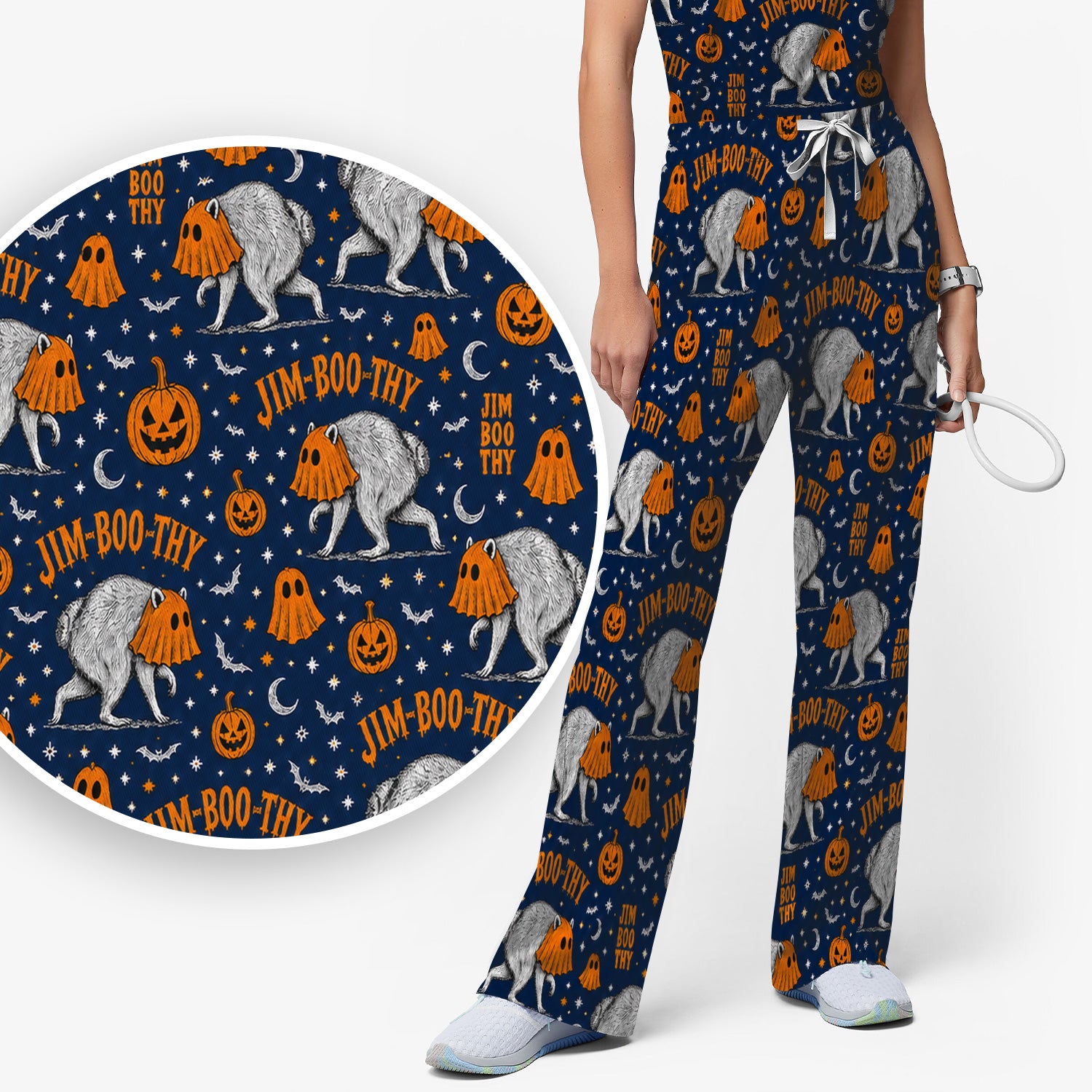 Funny Halloween Ghost Jimothy Pattern Scrub Set, Scrub Pants and V Neck Top