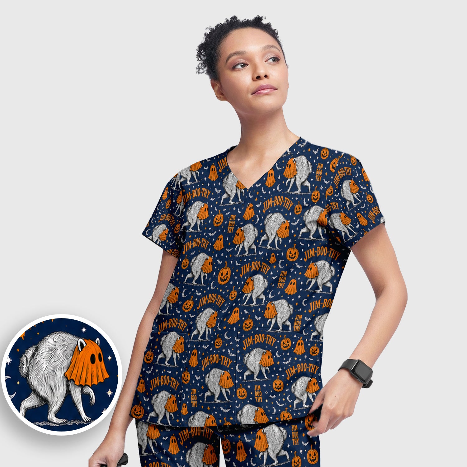 Funny Halloween Ghost Jimothy Pattern Scrub Set, Scrub Pants and V Neck Top