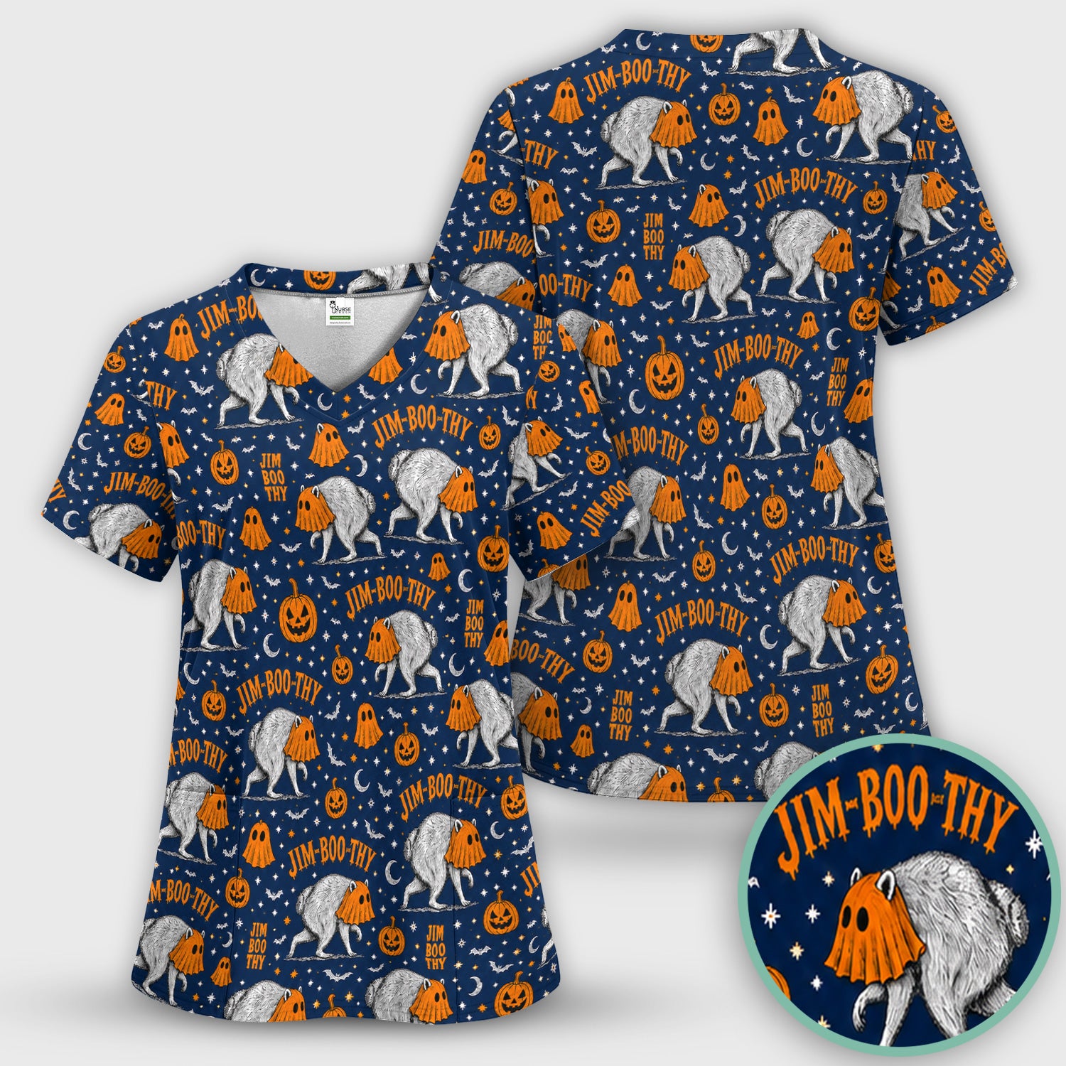 Funny Halloween Ghost Jimothy Pattern Scrub Top, Comfortable Scrubs for Nurses