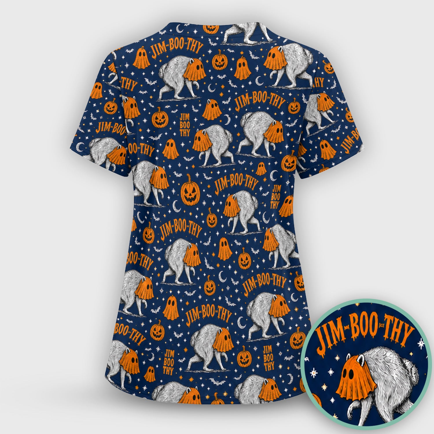 Funny Halloween Ghost Jimothy Pattern Scrub Top, Comfortable Scrubs for Nurses